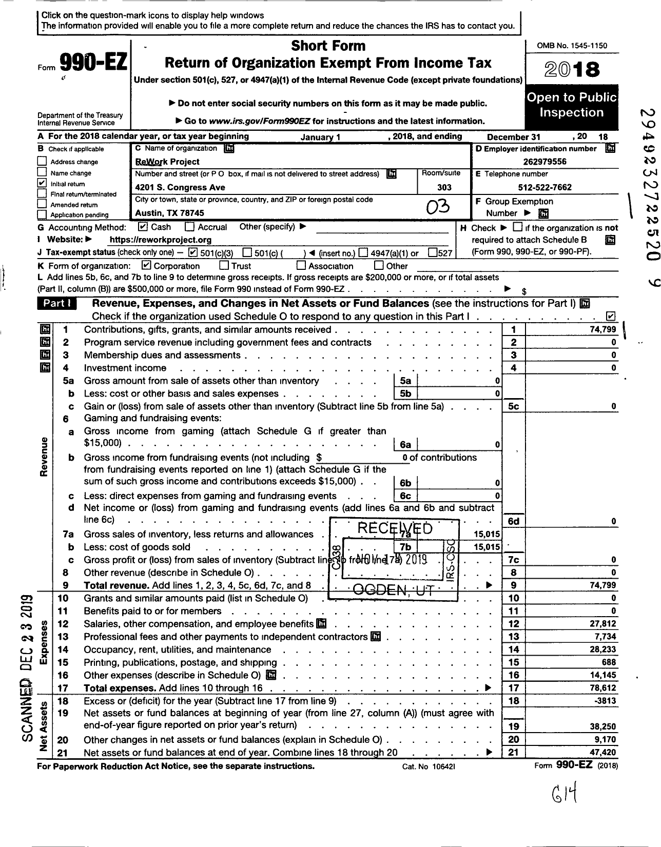 Image of first page of 2018 Form 990EZ for Rework Project