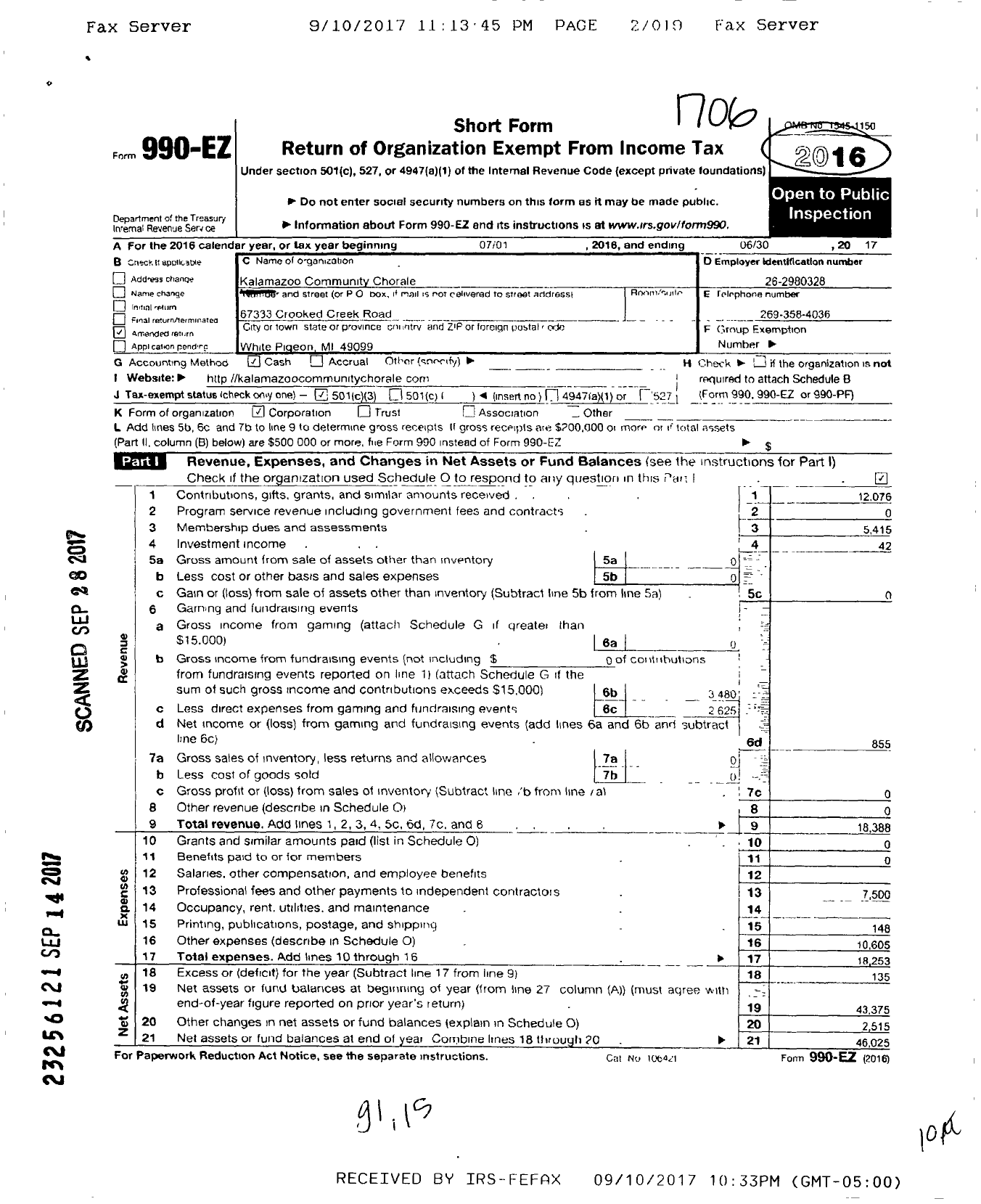 Image of first page of 2016 Form 990EZ for Kalamazoo Community Chorale