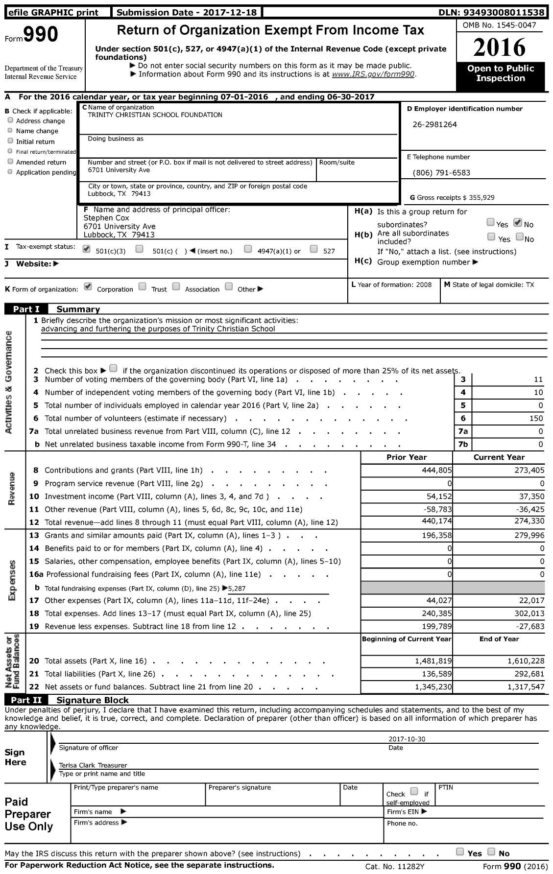 Image of first page of 2016 Form 990 for Trinity Christian School Foundation