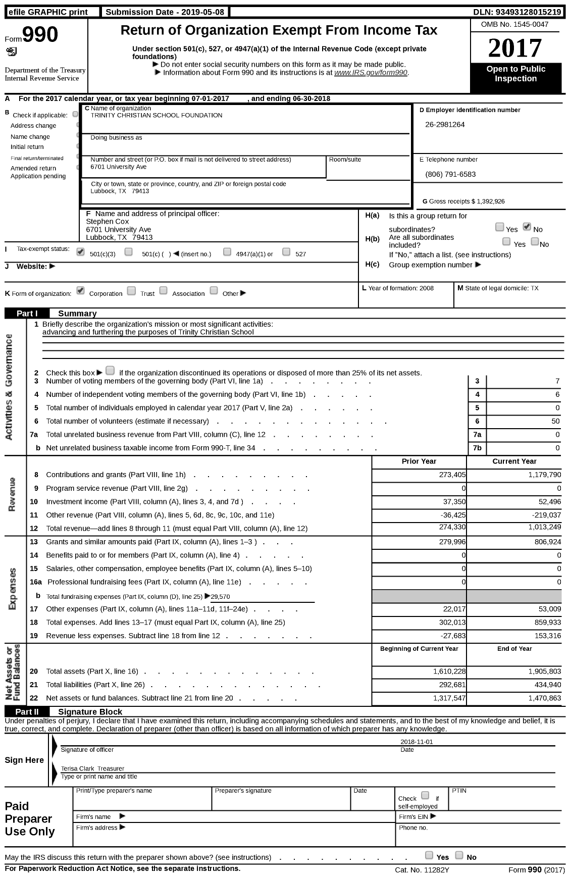 Image of first page of 2017 Form 990 for Trinity Christian School Foundation