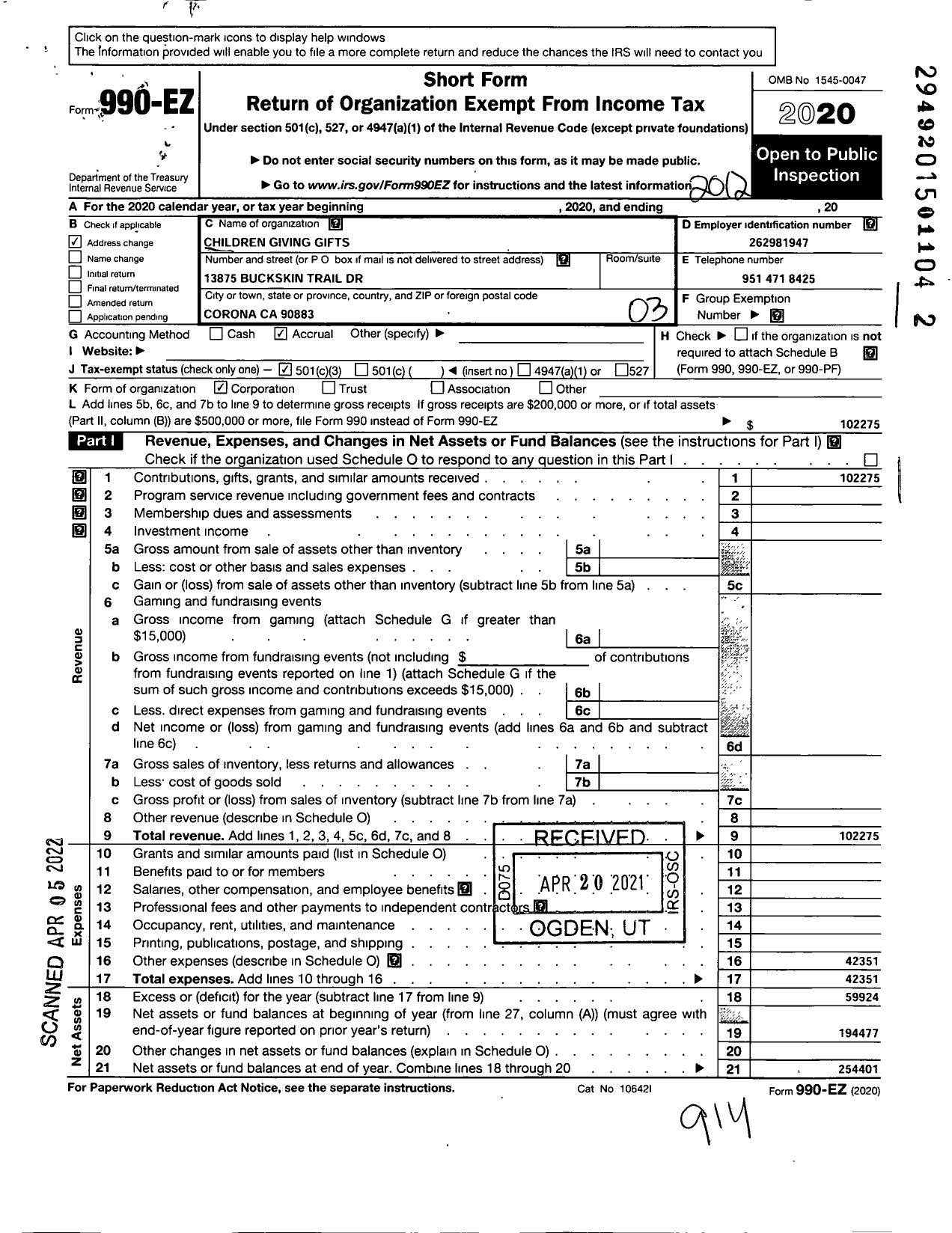 Image of first page of 2020 Form 990EZ for Children Giving Gifts