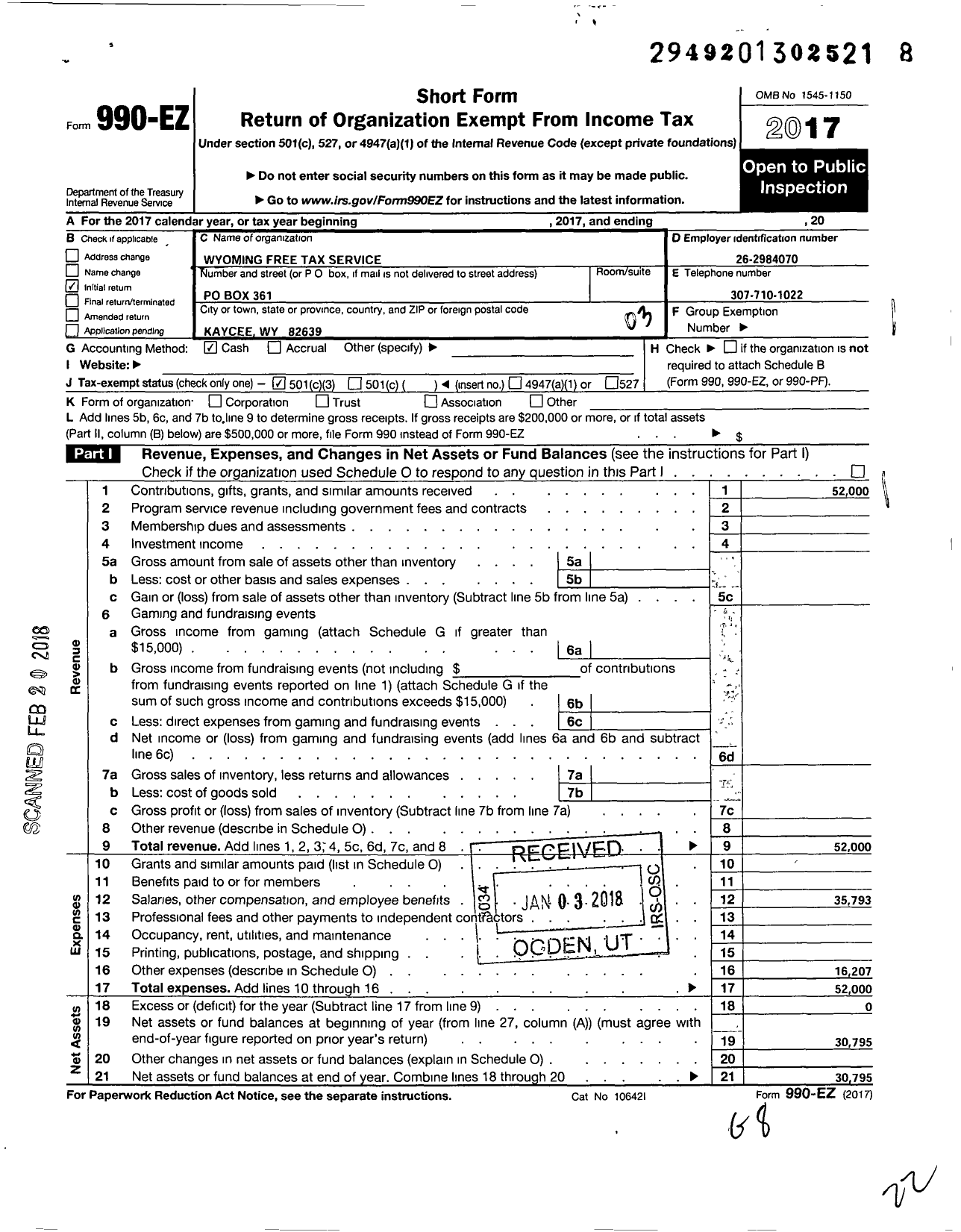 Image of first page of 2017 Form 990EZ for Wyoming Free Tax Service