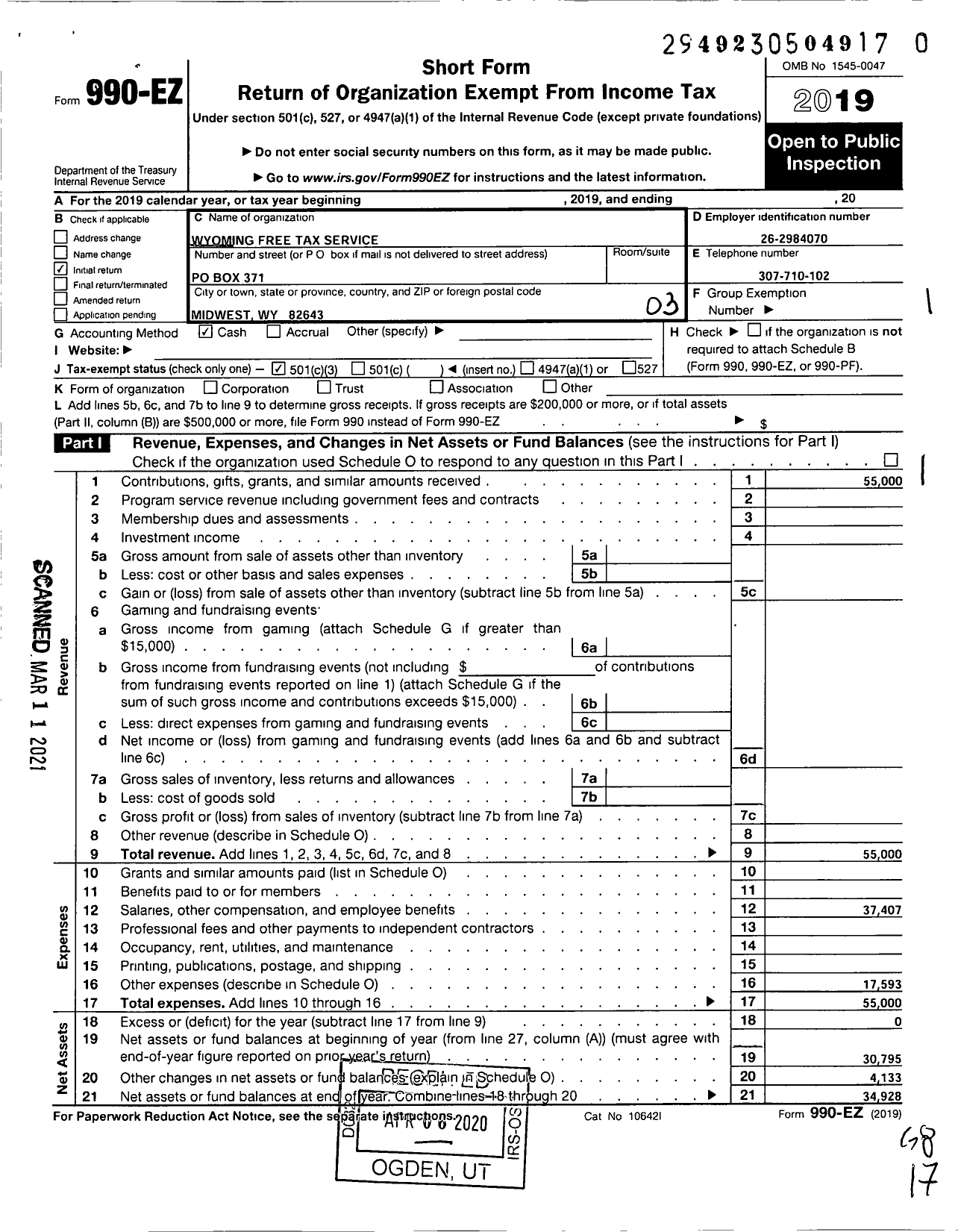 Image of first page of 2019 Form 990EZ for Wyoming Free Tax Service