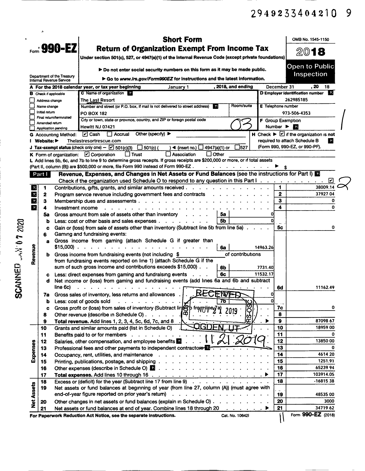 Image of first page of 2018 Form 990EZ for The Last Resort Rescue