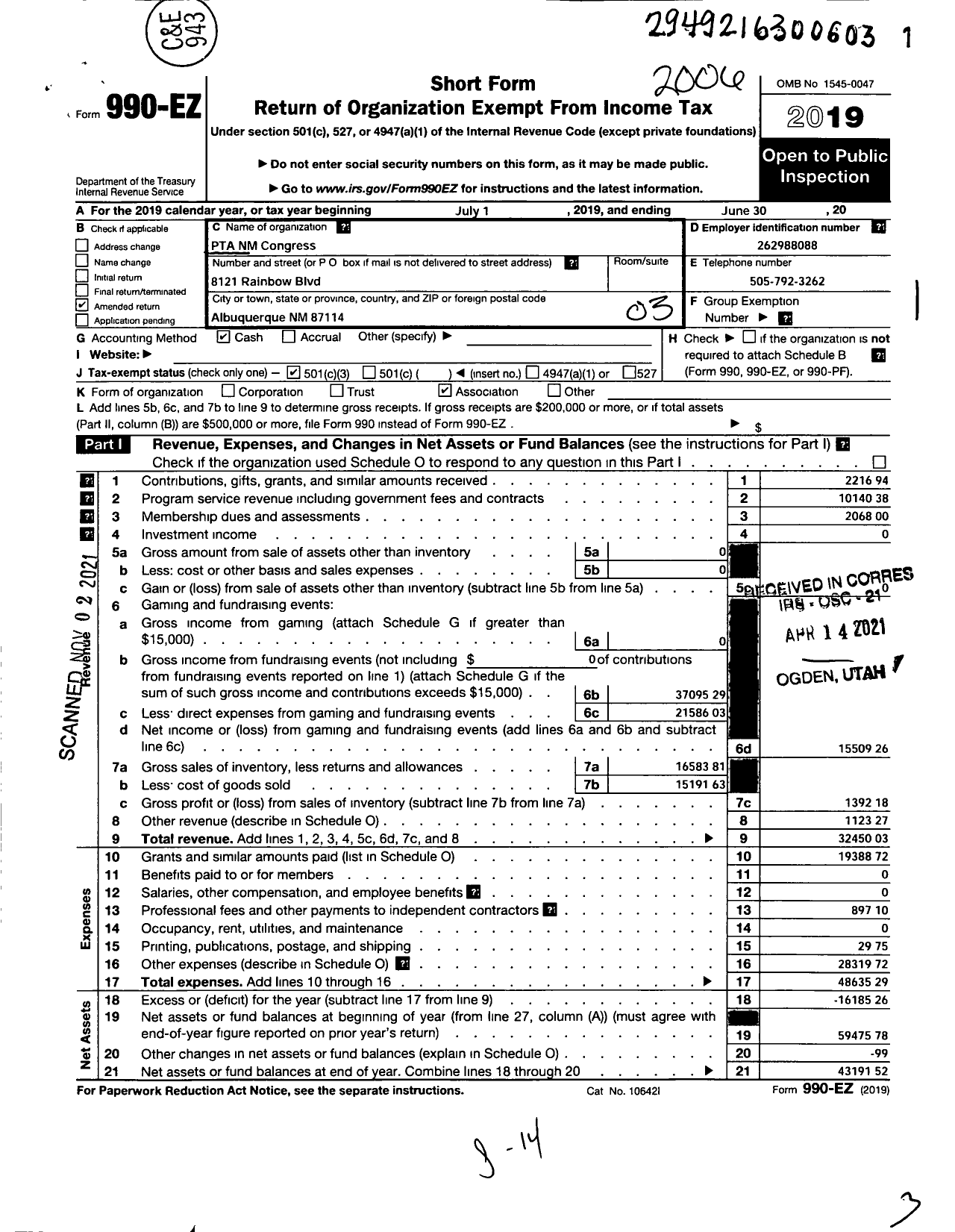 Image of first page of 2019 Form 990EZ for PTA New Mexico Congress / Tierra Antigua Elementary PTA