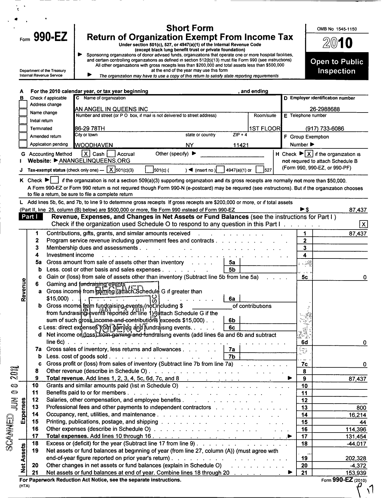 Image of first page of 2010 Form 990EZ for An Angel in Queens