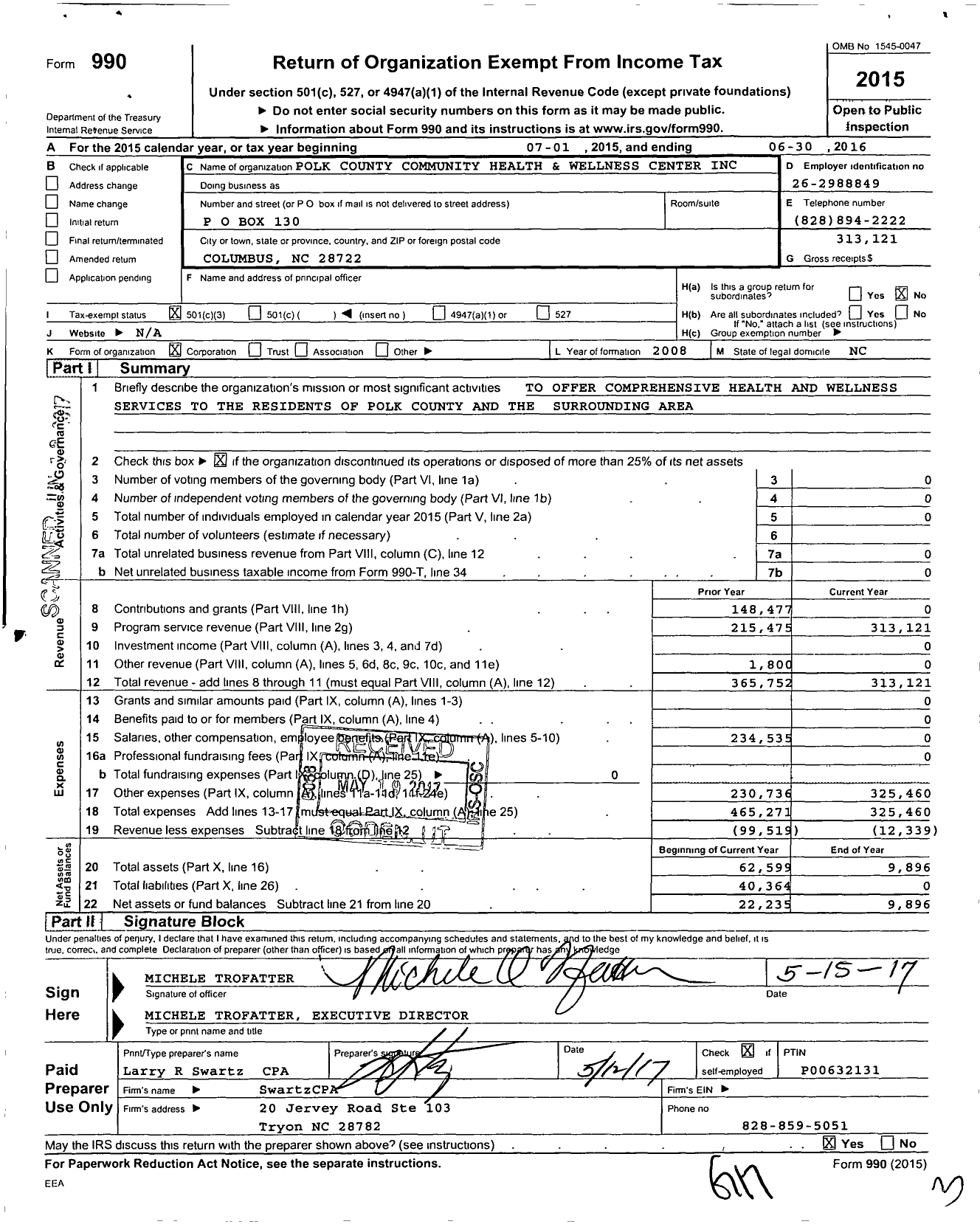 Image of first page of 2015 Form 990 for Polk County Community Health and Wellness Center