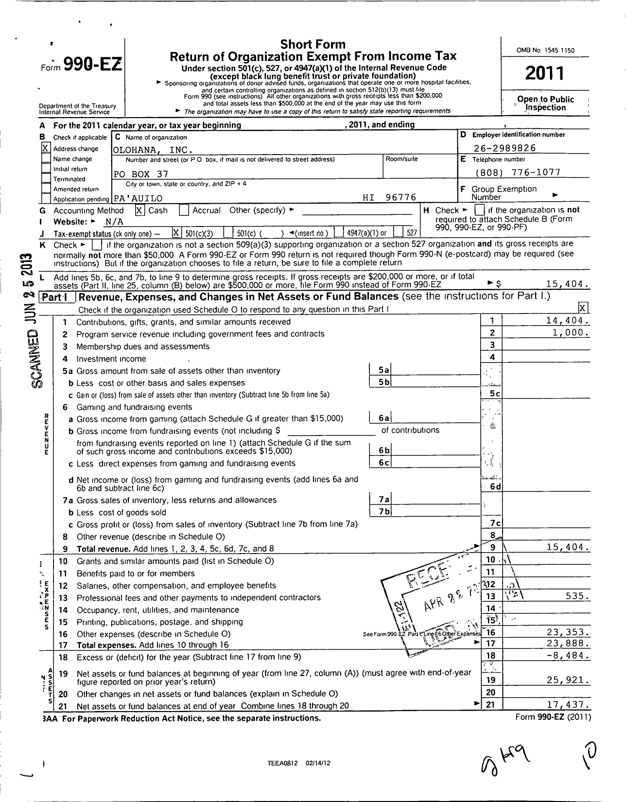 Image of first page of 2011 Form 990EZ for Olohana