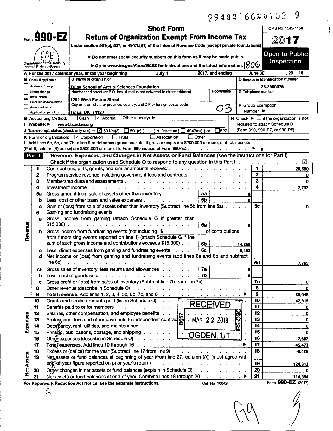 Image of first page of 2017 Form 990EZ for Tulsa School of Arts and Sciences Foundation