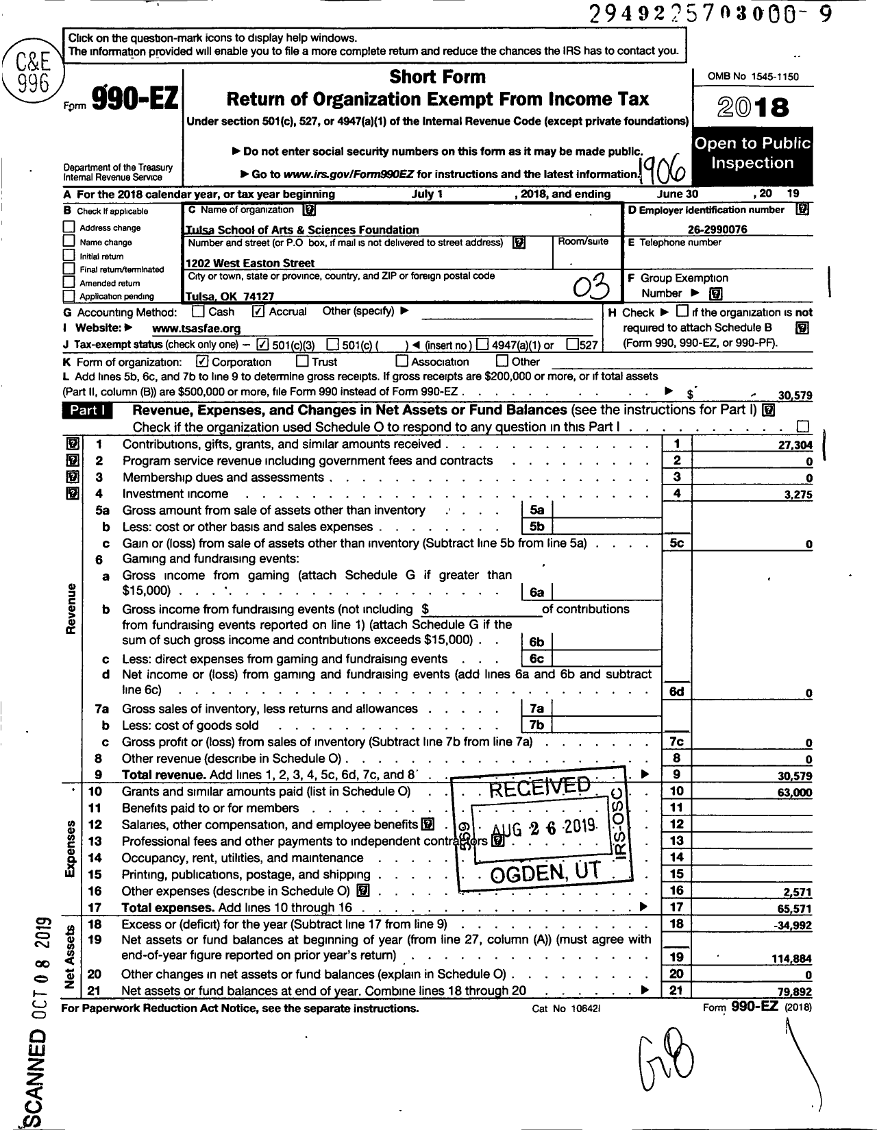 Image of first page of 2018 Form 990EZ for Tulsa School of Arts and Sciences Foundation