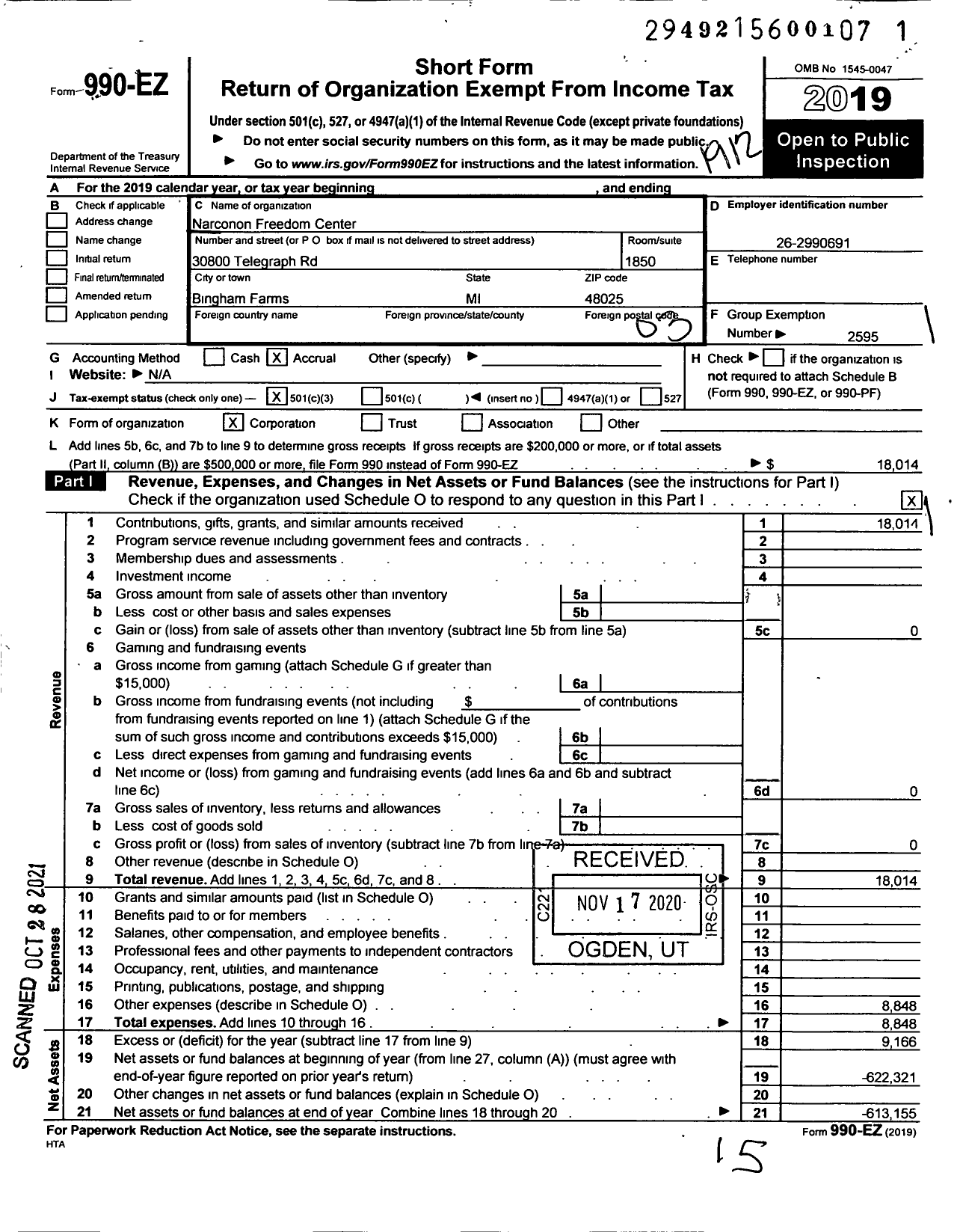 Image of first page of 2019 Form 990EZ for Narconon International / Narconon Freedom Center