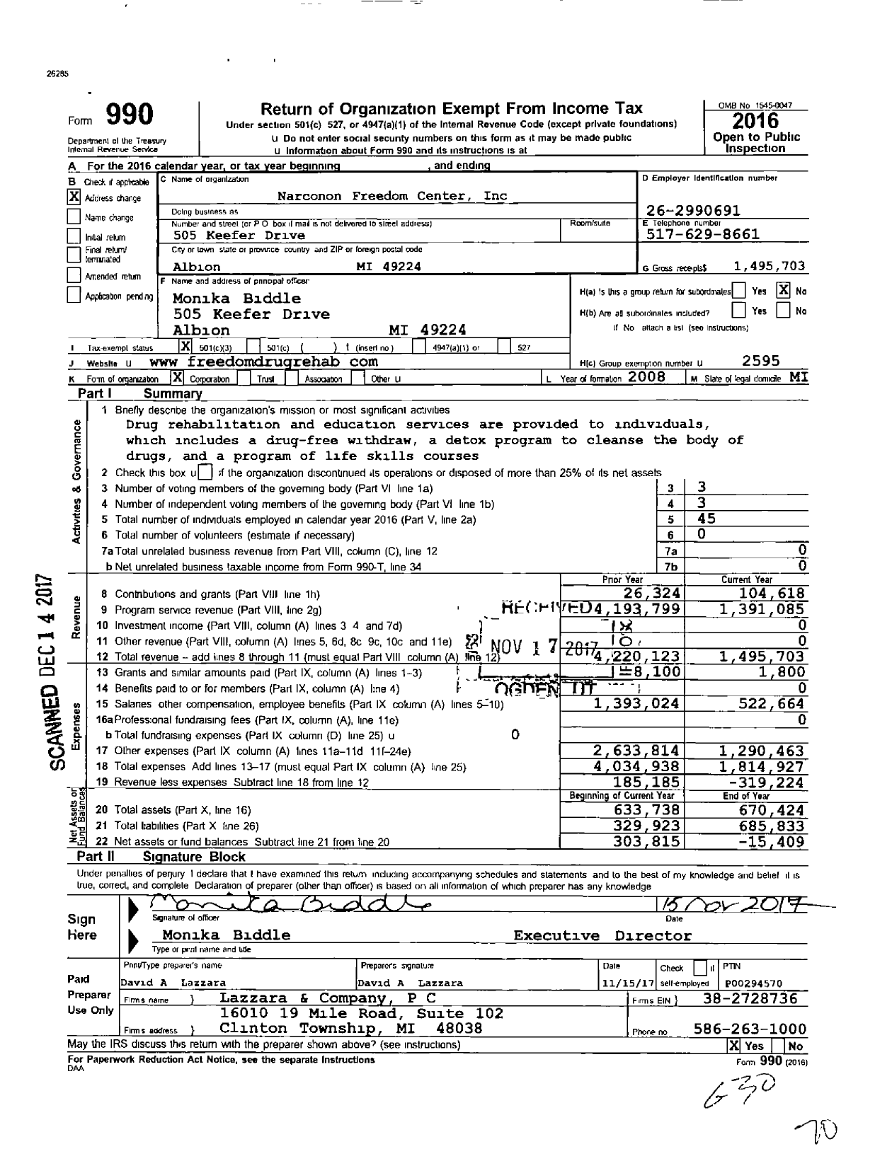 Image of first page of 2016 Form 990 for Narconon International / Narconon Freedom Center