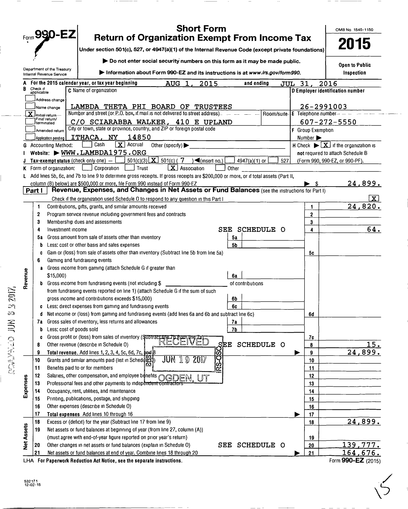 Image of first page of 2015 Form 990EO for Lambda Theta Phi Board of Trustees