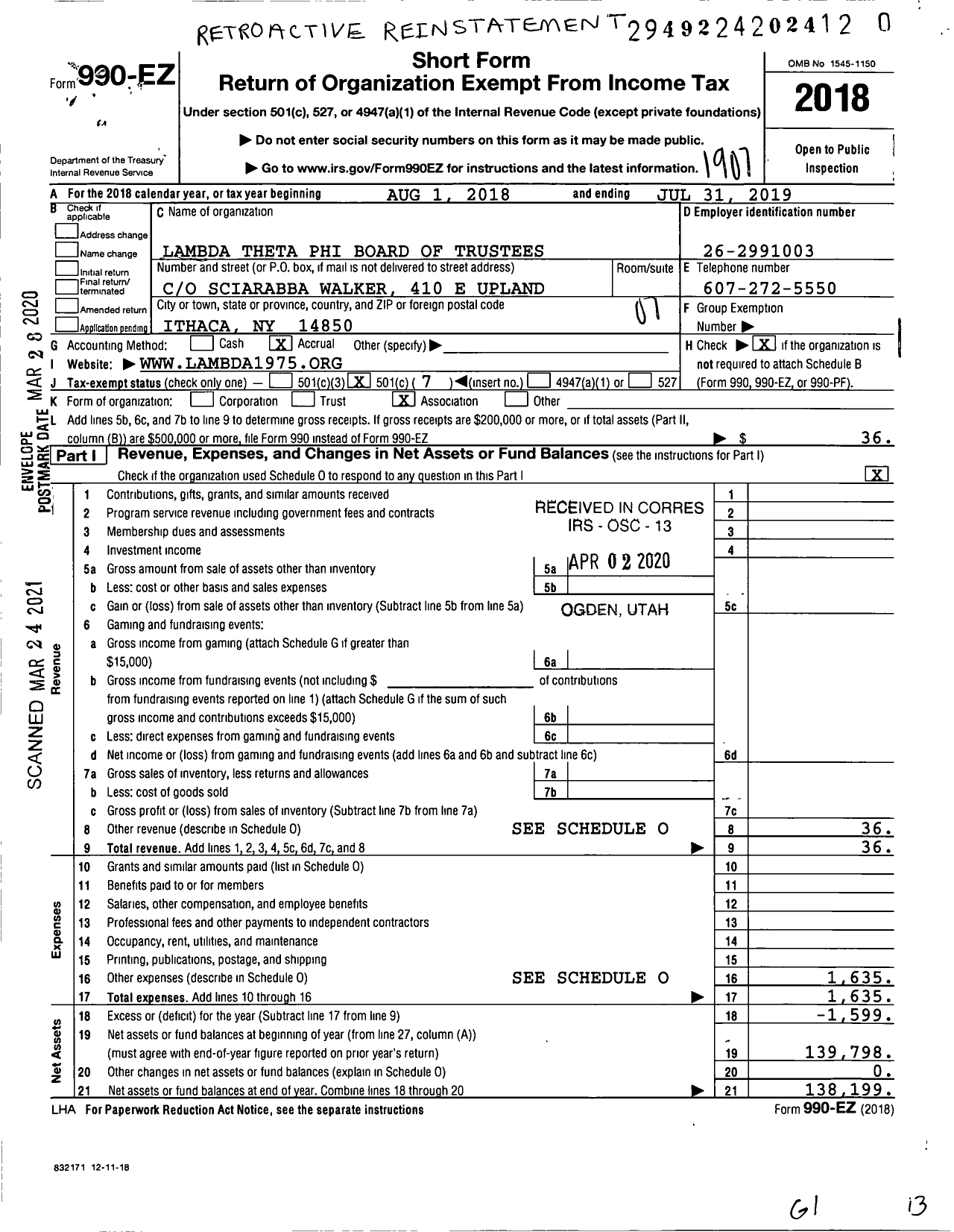 Image of first page of 2018 Form 990EO for Lambda Theta Phi Board of Trustees