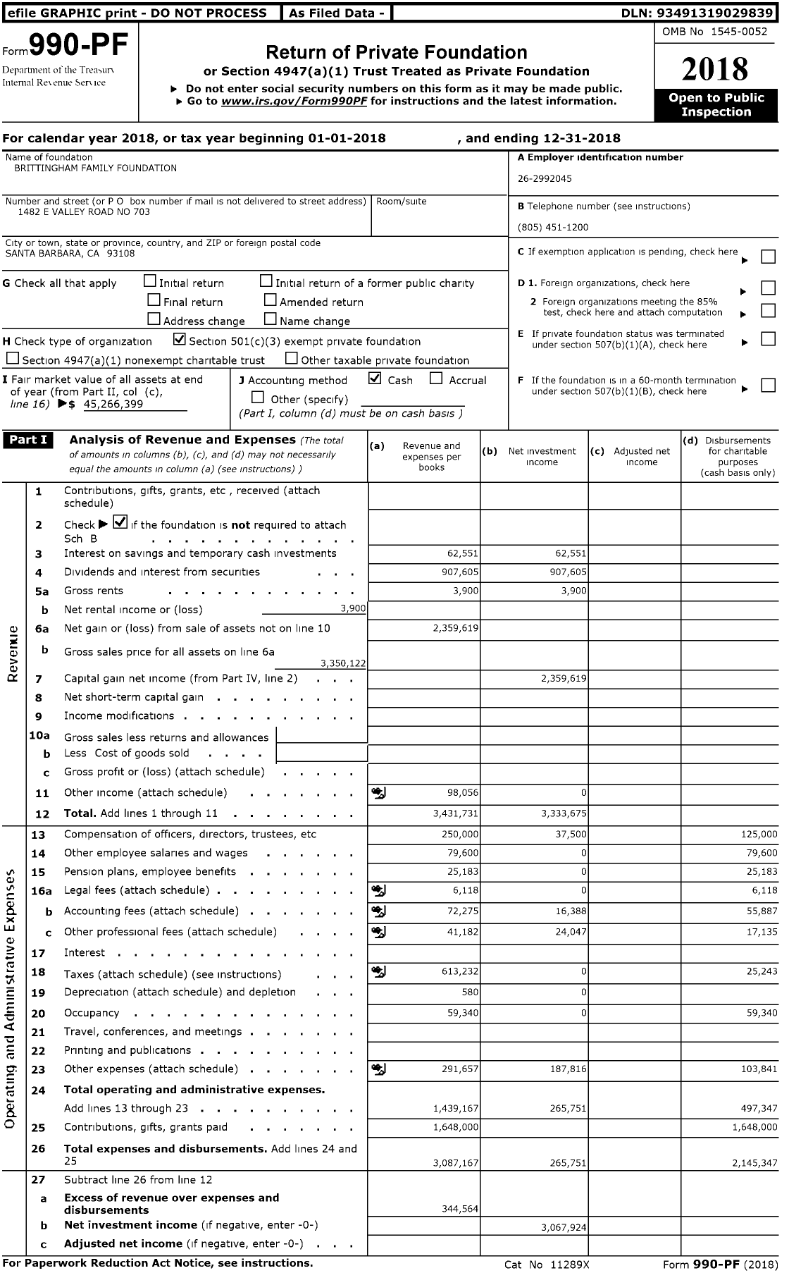 Image of first page of 2018 Form 990PR for Brittingham Family Foundation