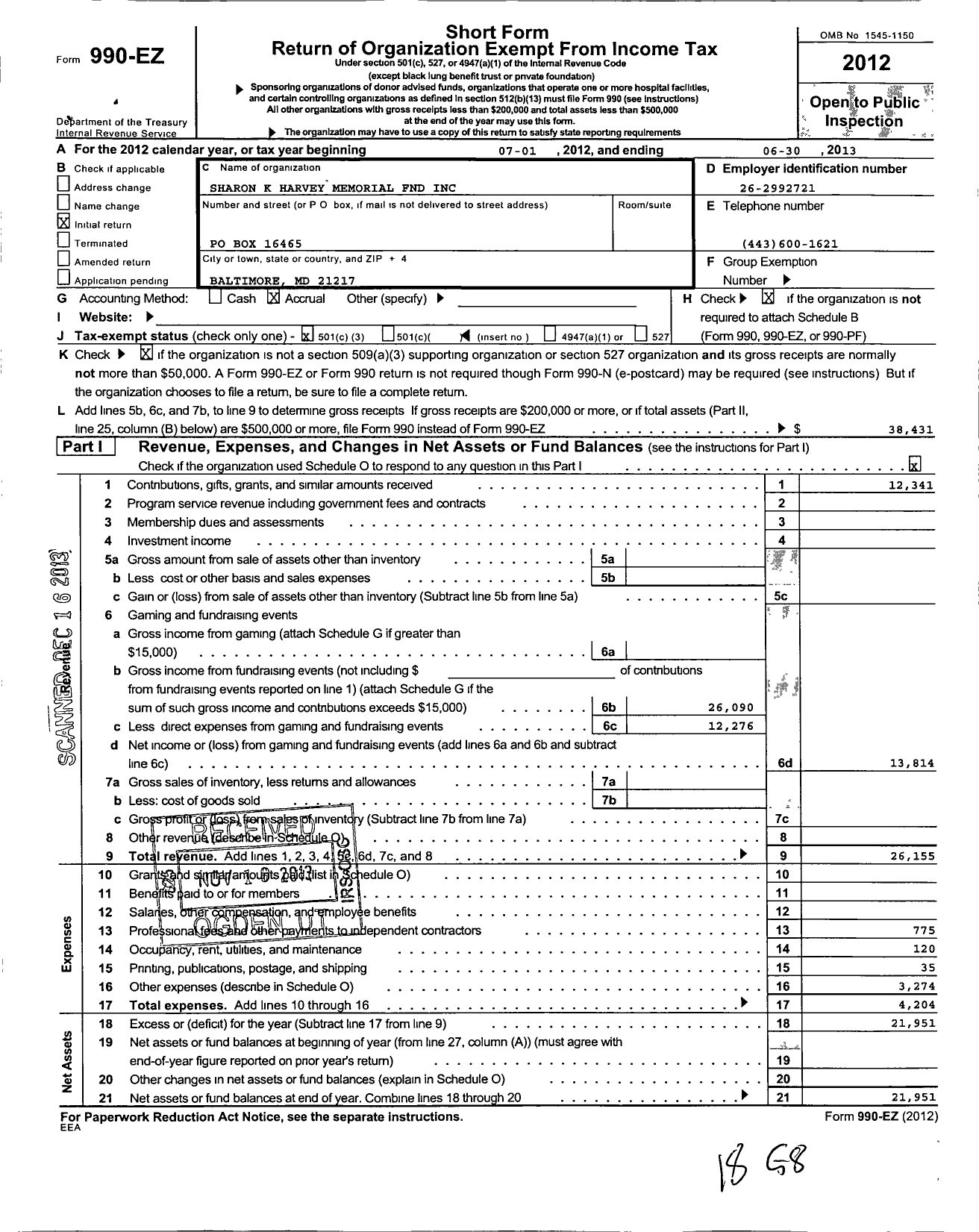 Image of first page of 2012 Form 990EZ for Sharon K Harvey Memorial Foundation