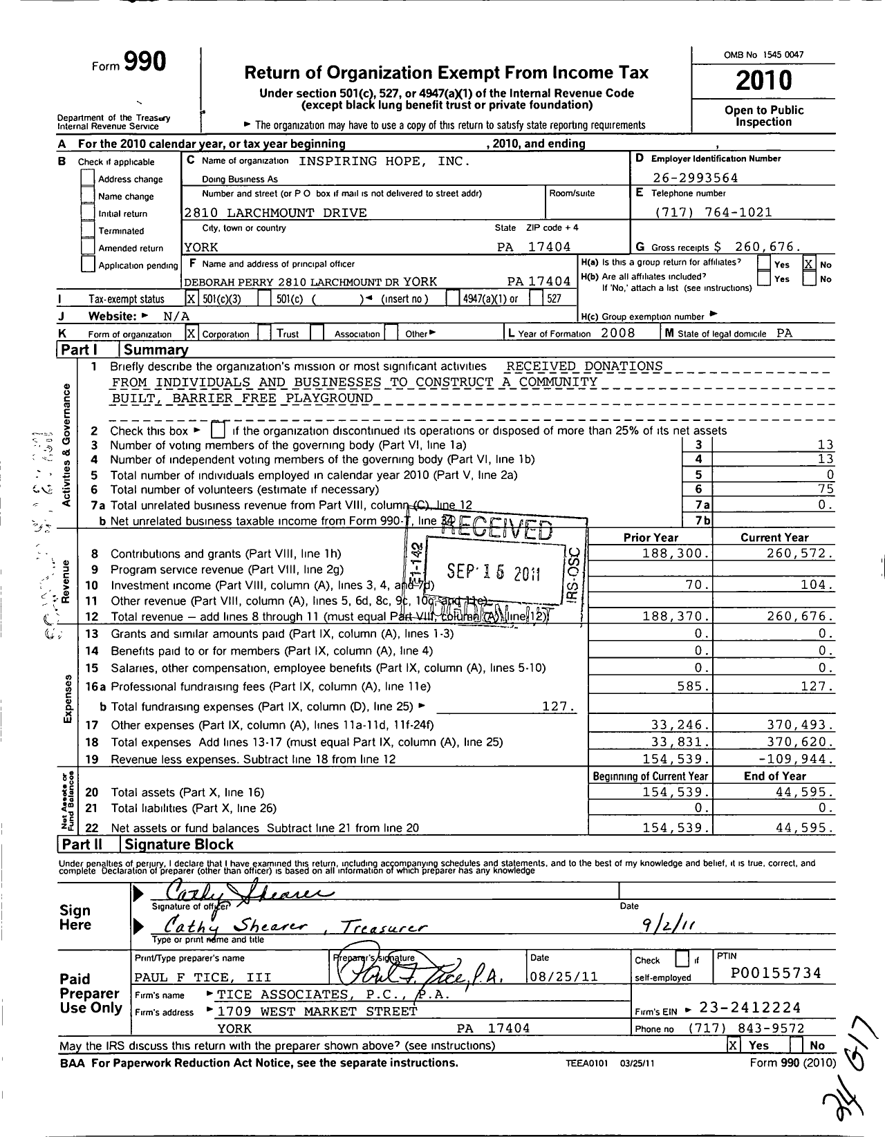 Image of first page of 2010 Form 990 for Inspiring Hope O P E