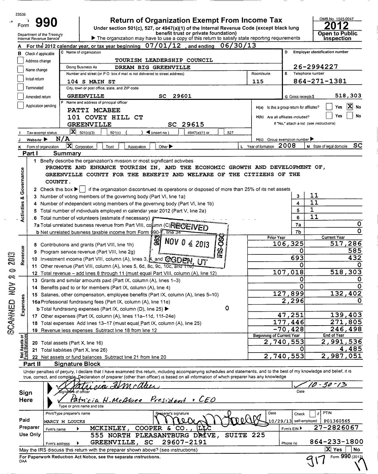 Image of first page of 2012 Form 990 for Tourism Leadership Council