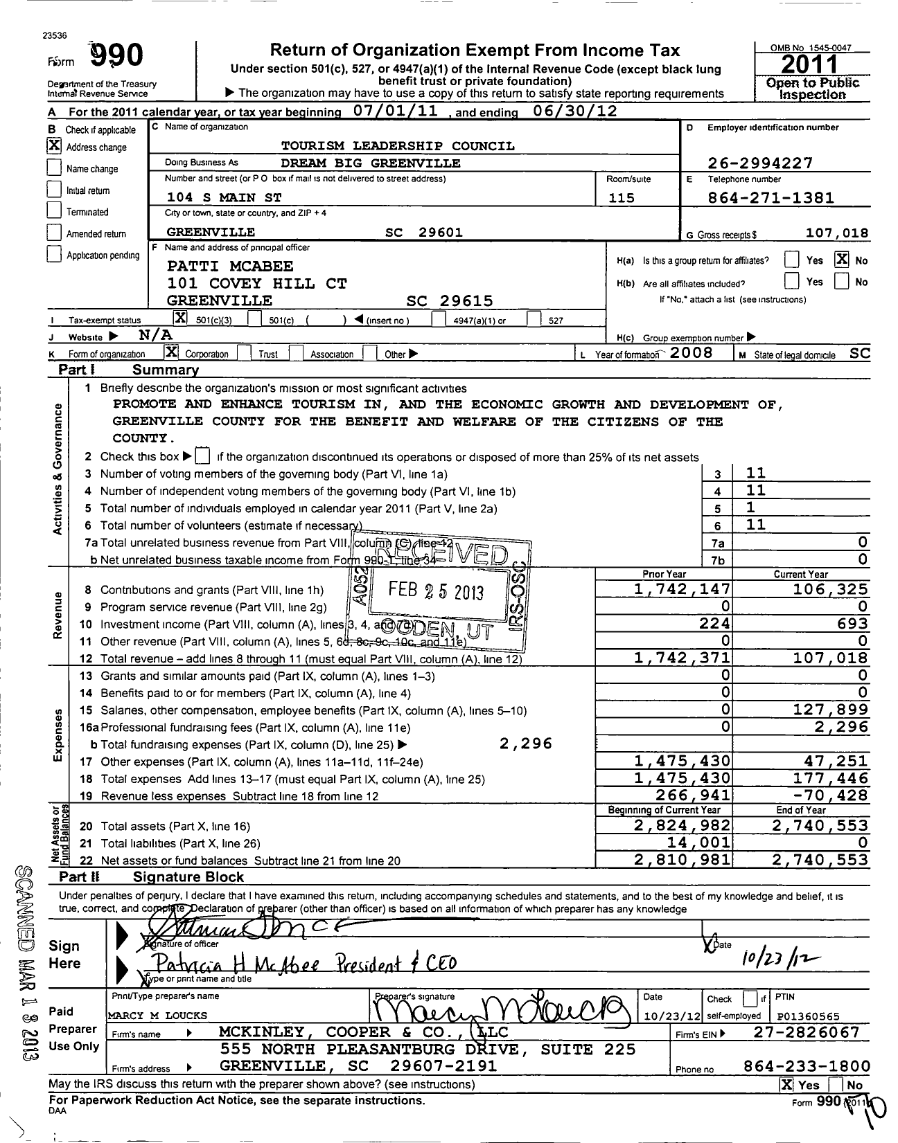 Image of first page of 2011 Form 990 for Tourism Leadership Council