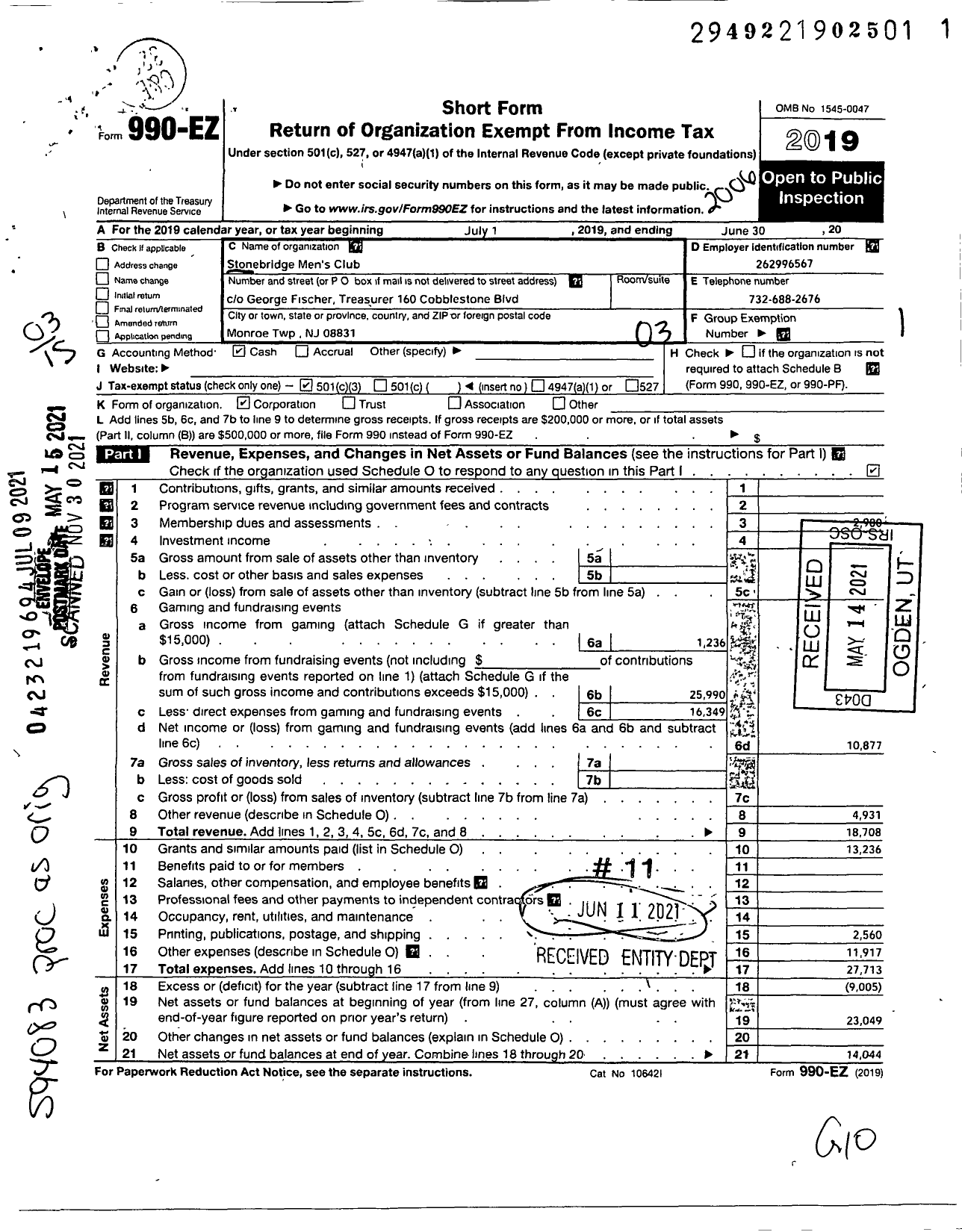 Image of first page of 2019 Form 990EZ for Stonebridge Mens Club