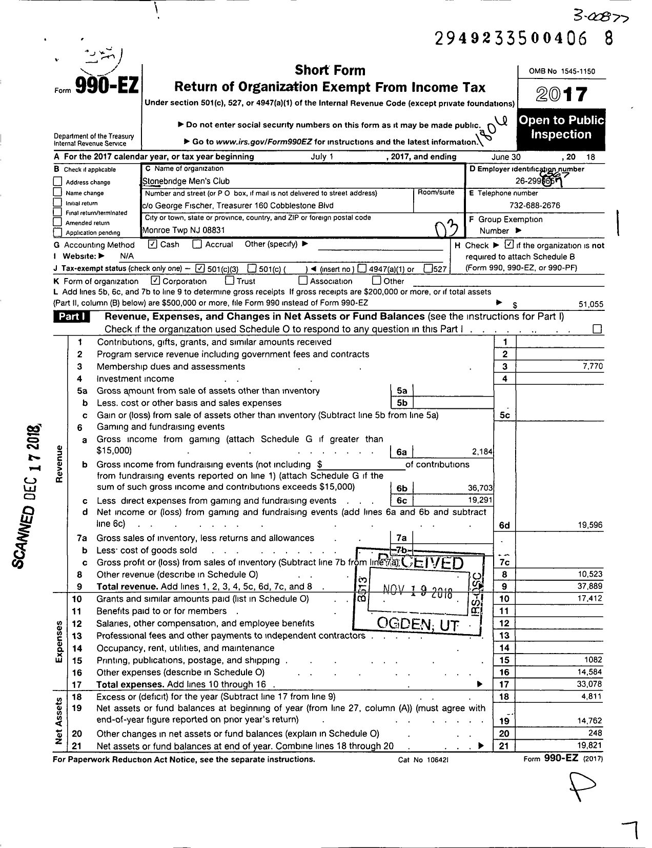 Image of first page of 2017 Form 990EZ for Stonebridge Mens Club