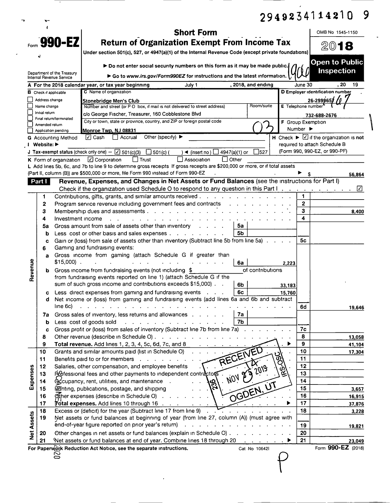 Image of first page of 2018 Form 990EZ for Stonebridge Mens Club