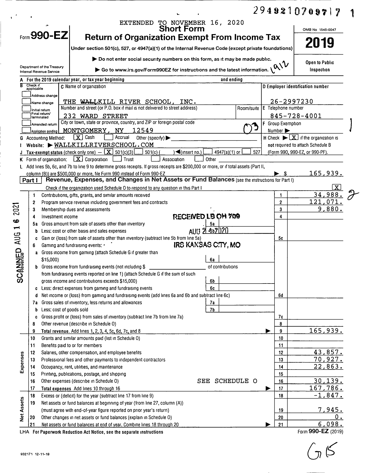 Image of first page of 2019 Form 990EZ for Wallkill River Center for the Arts