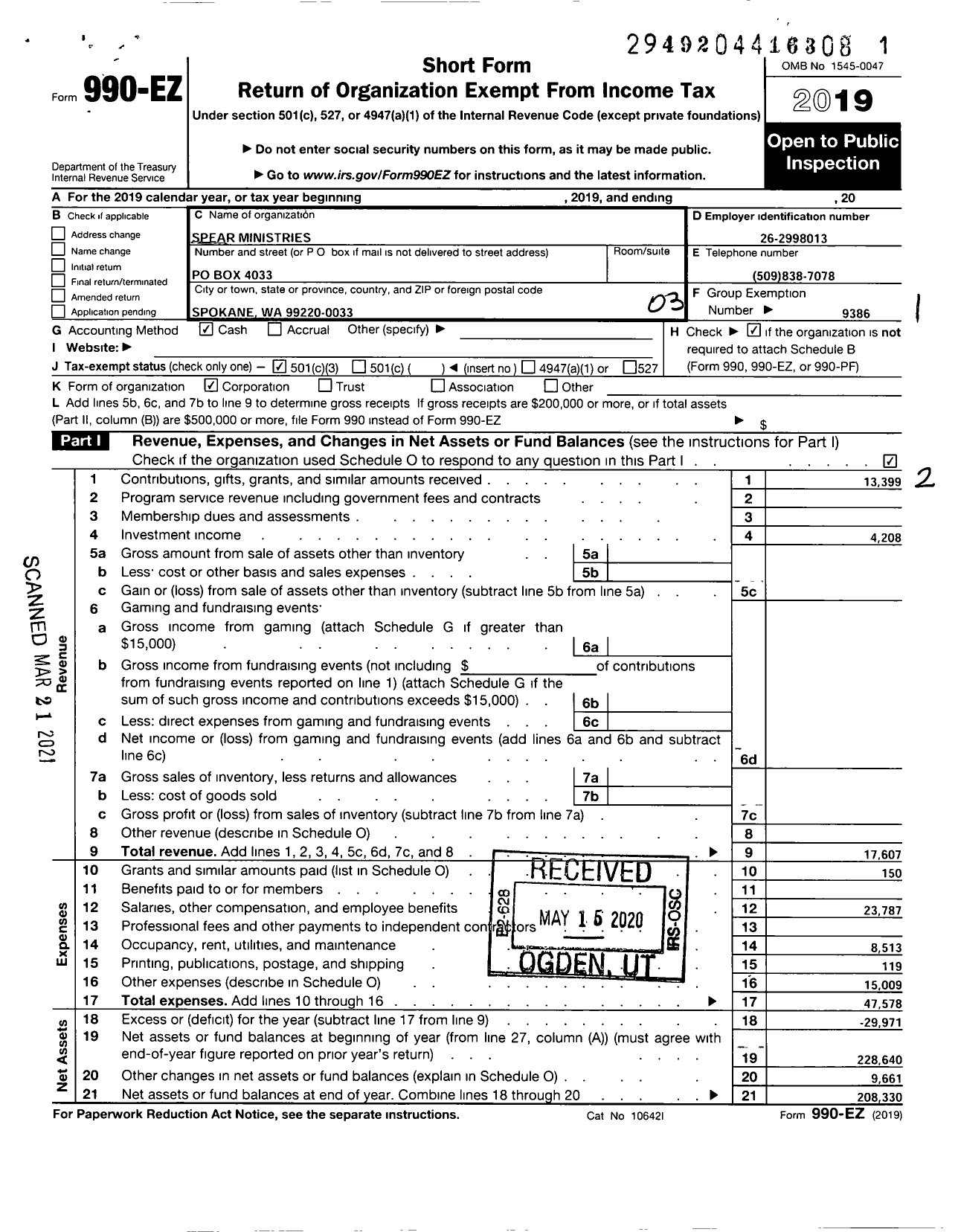 Image of first page of 2019 Form 990EZ for Spear Ministries