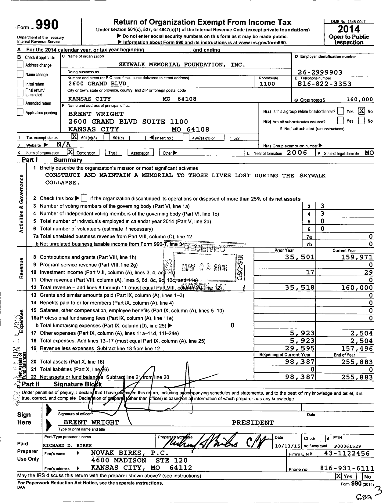 Image of first page of 2014 Form 990 for Skywalk Memorial Foundation