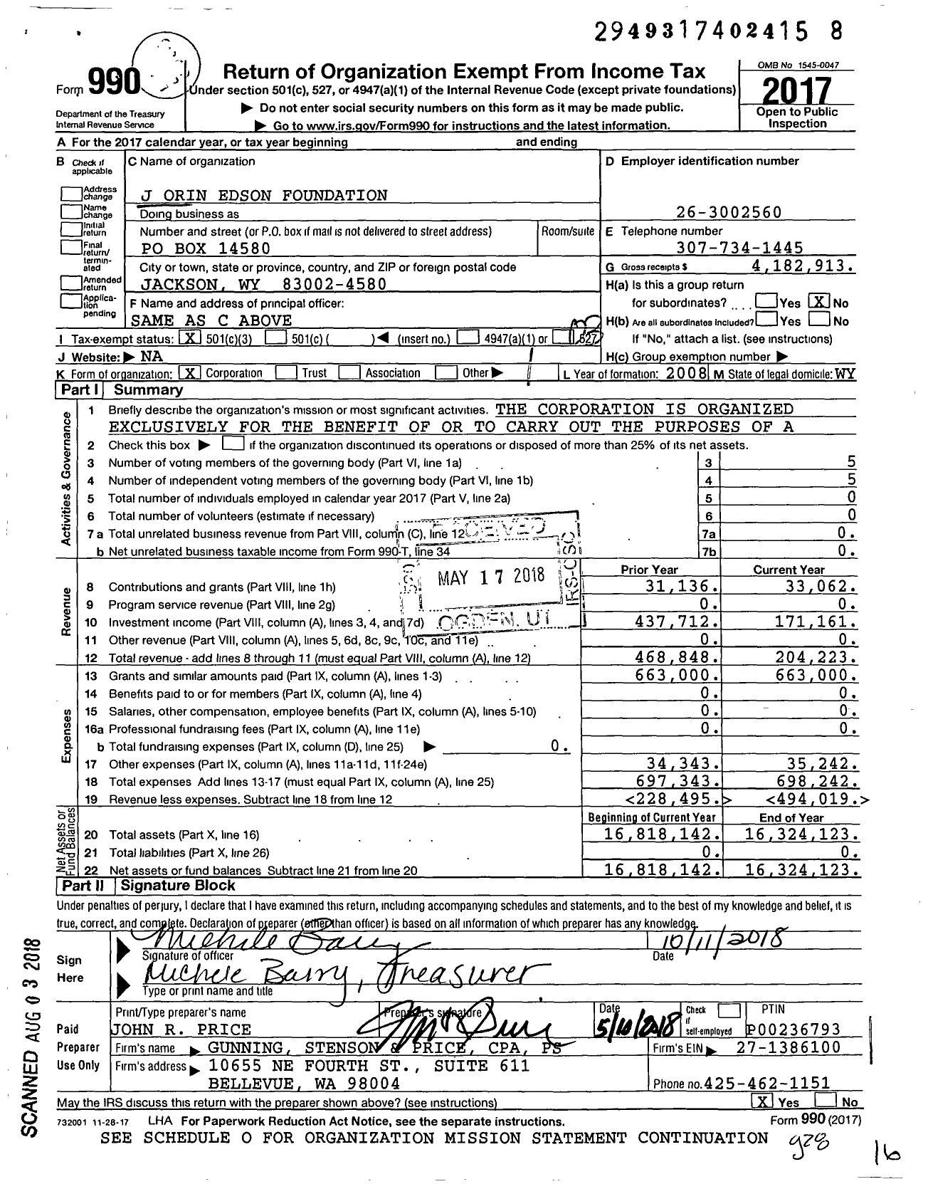 Image of first page of 2017 Form 990 for J Orin Edson Foundation