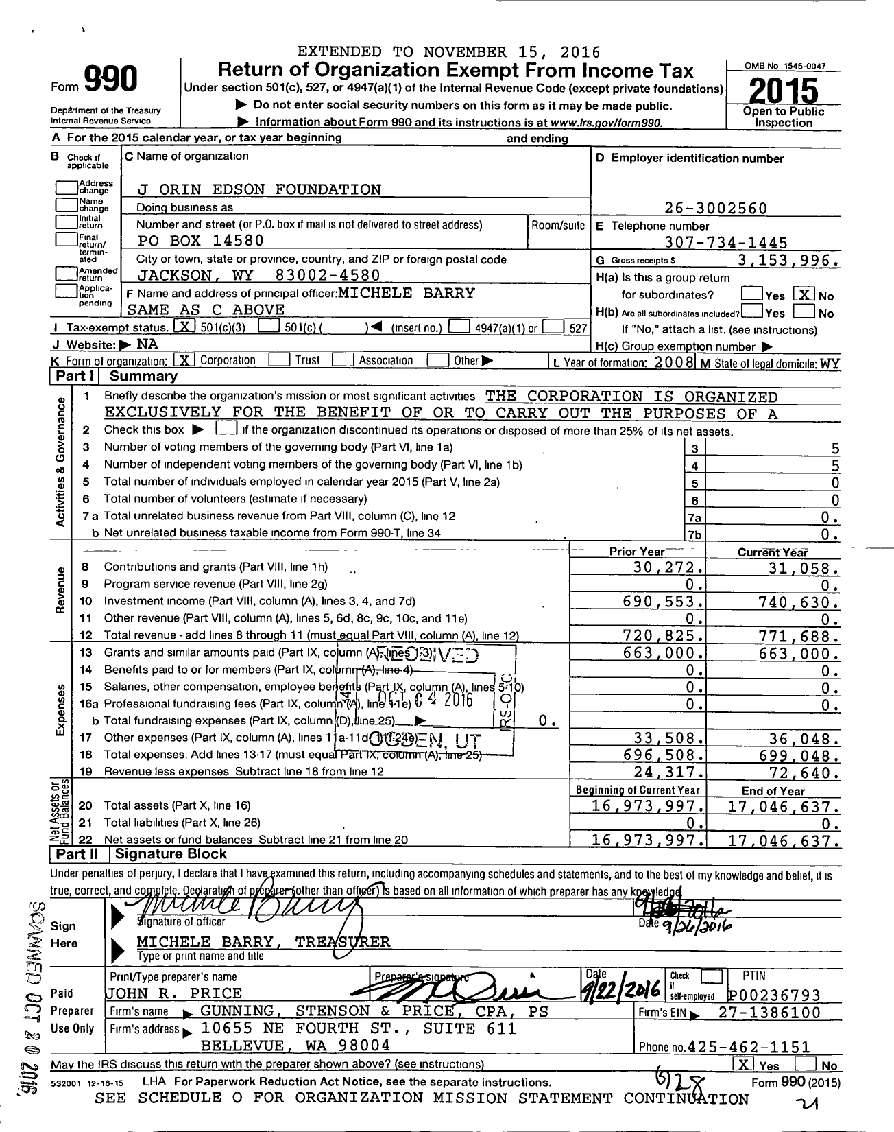 Image of first page of 2015 Form 990 for J Orin Edson Foundation