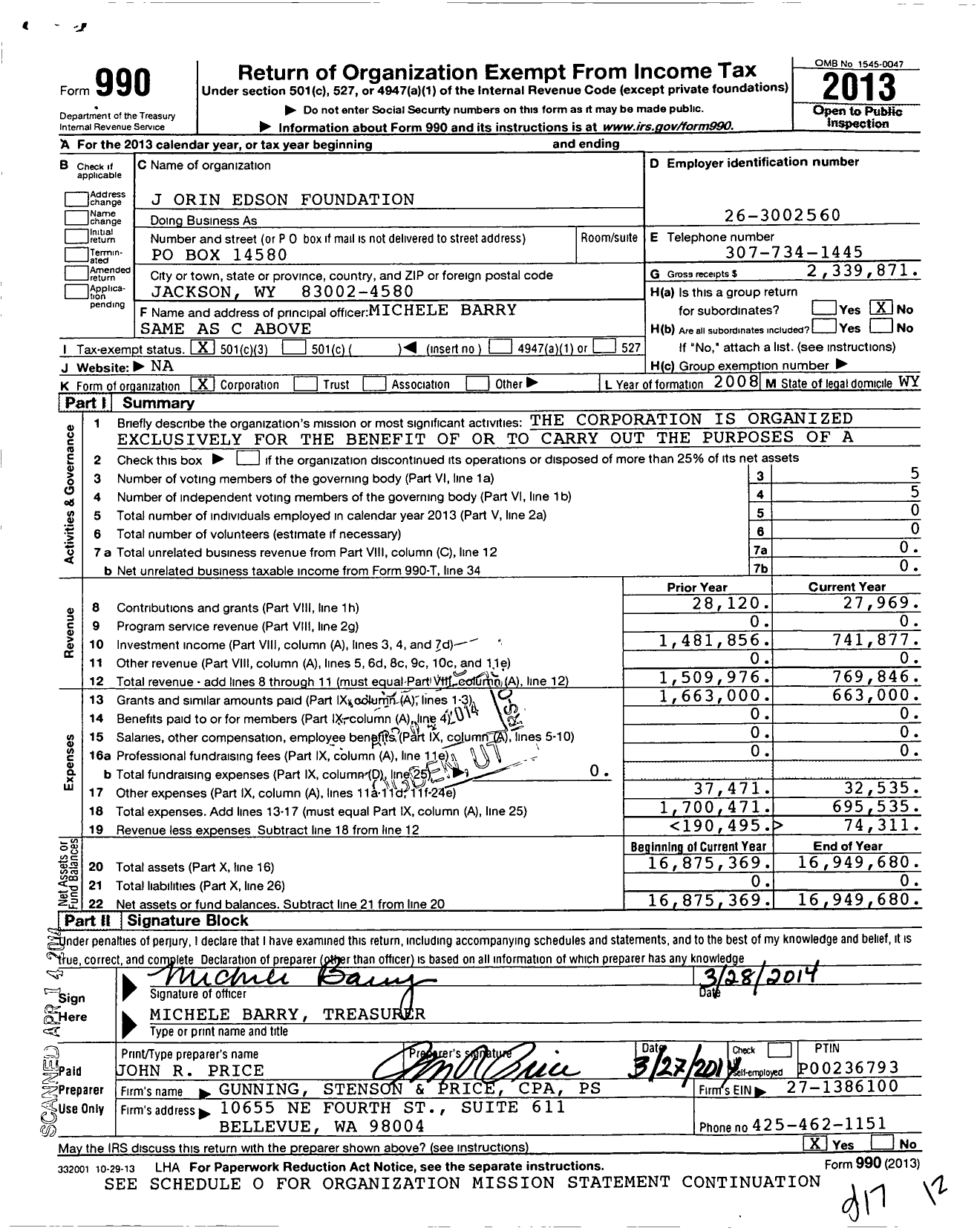 Image of first page of 2013 Form 990 for J Orin Edson Foundation