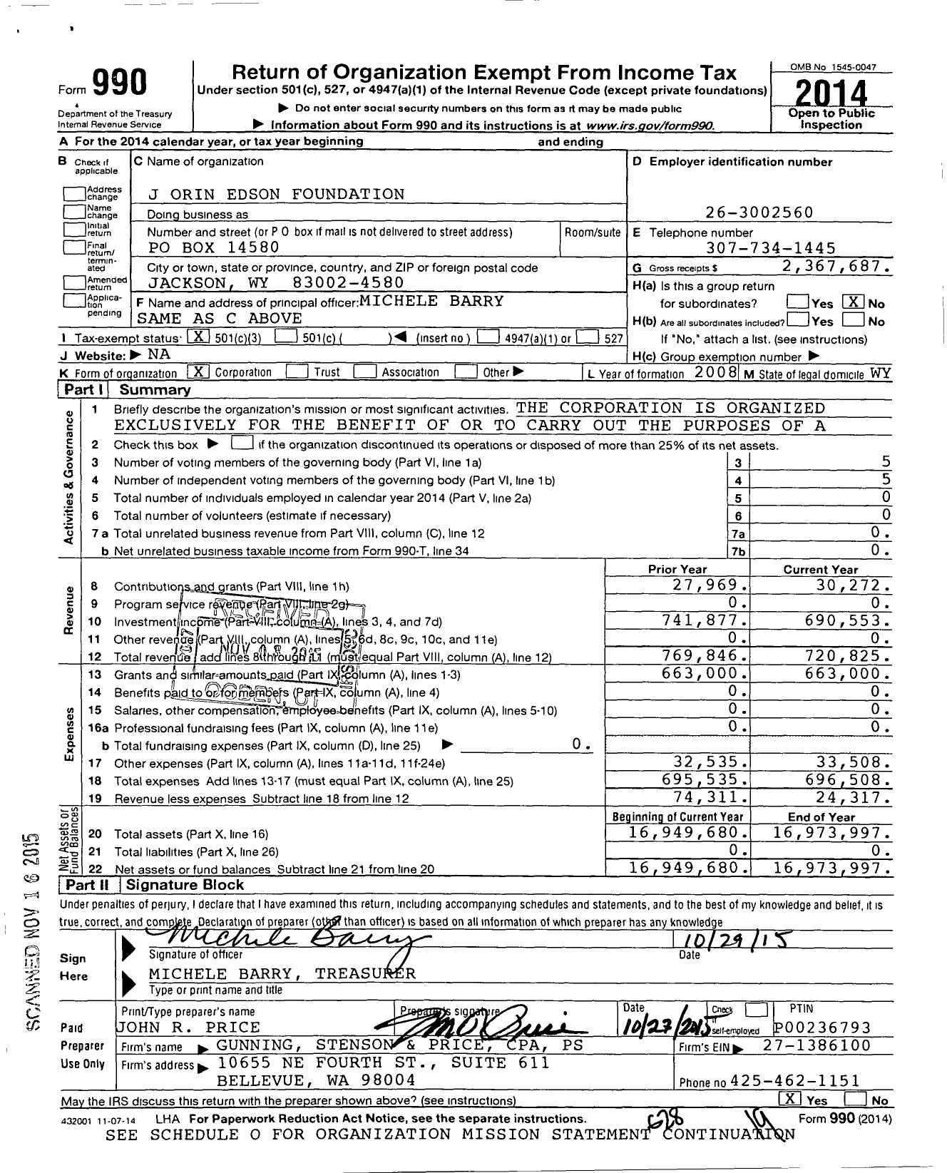 Image of first page of 2014 Form 990 for J Orin Edson Foundation