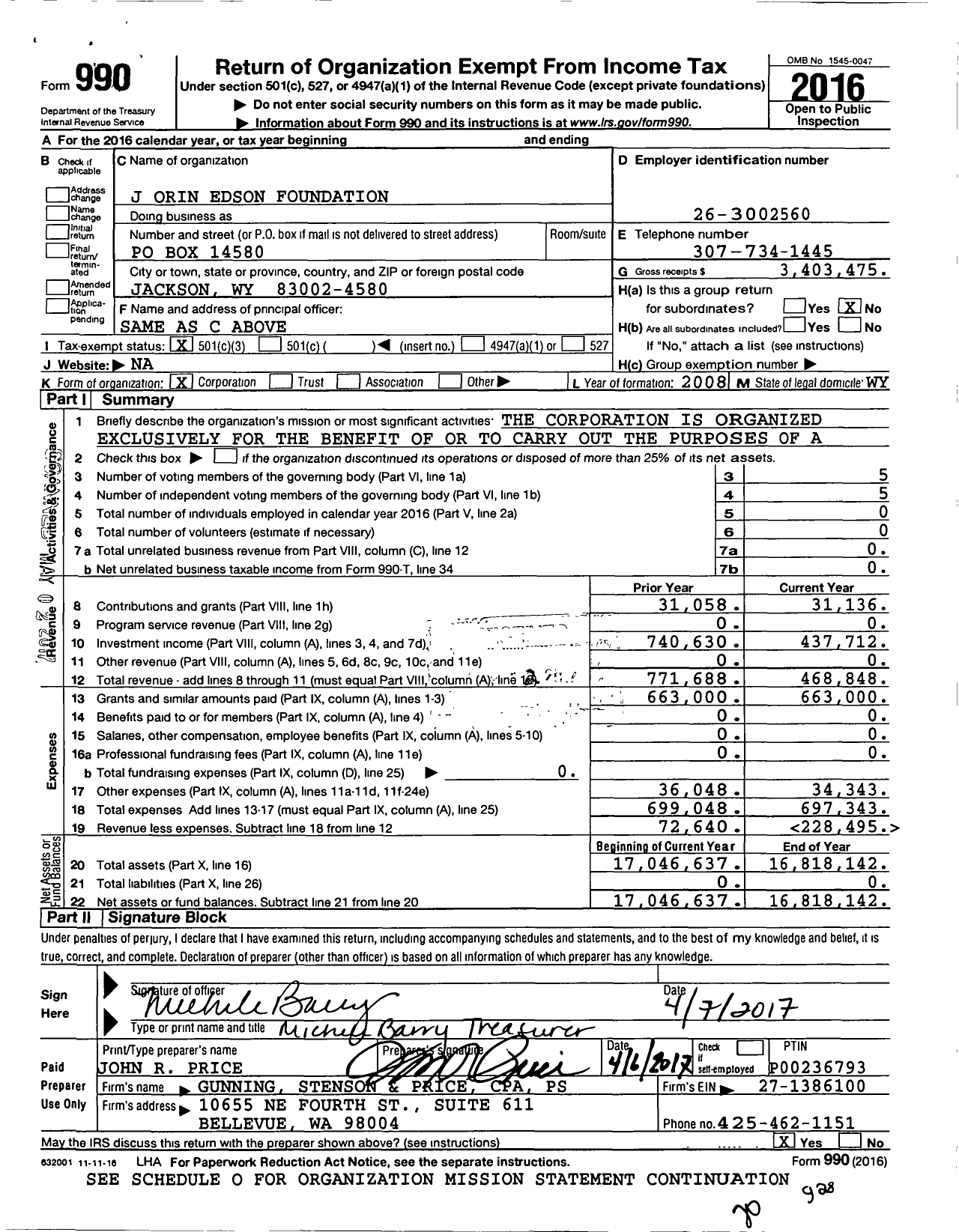 Image of first page of 2016 Form 990 for J Orin Edson Foundation