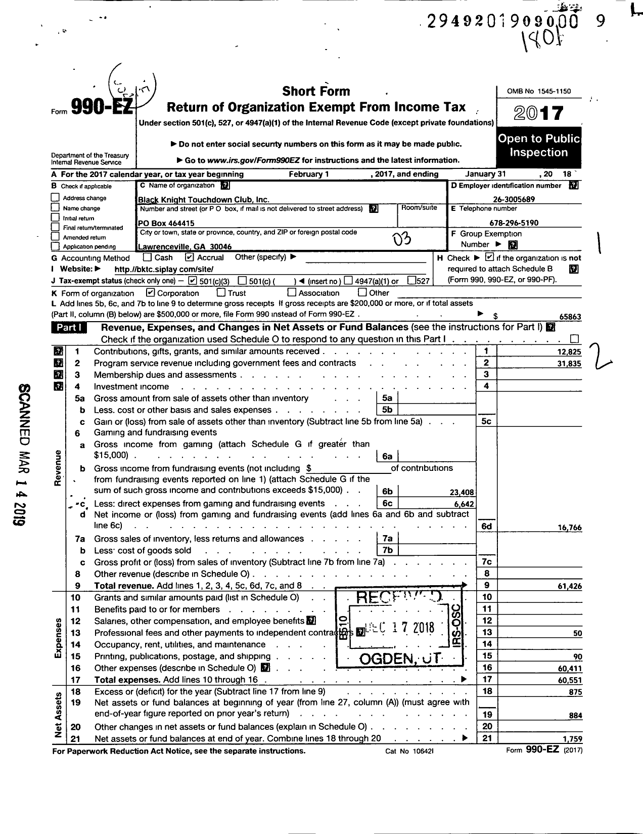 Image of first page of 2017 Form 990EZ for Black Knight Touchdown Club