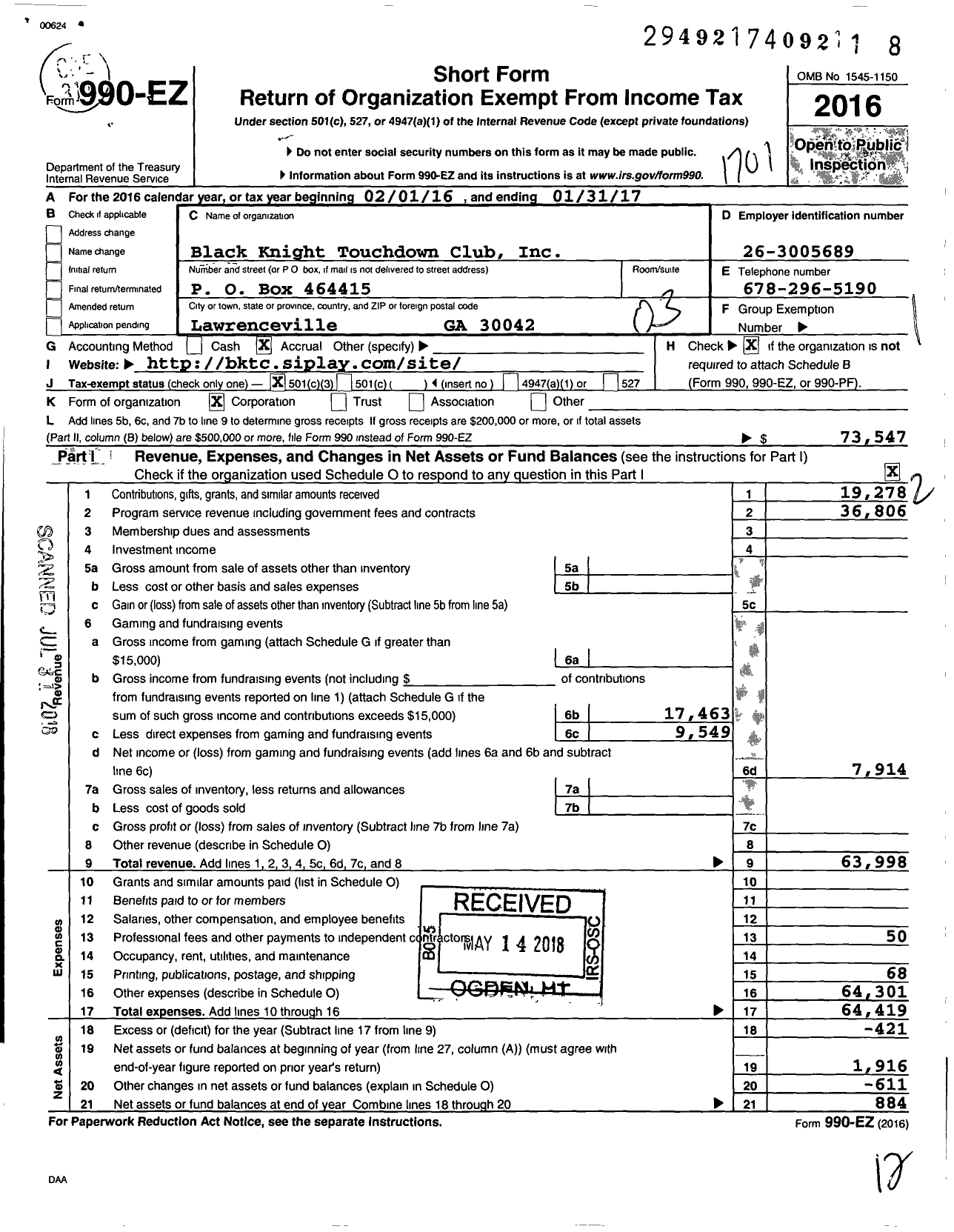 Image of first page of 2016 Form 990EZ for Black Knight Touchdown Club