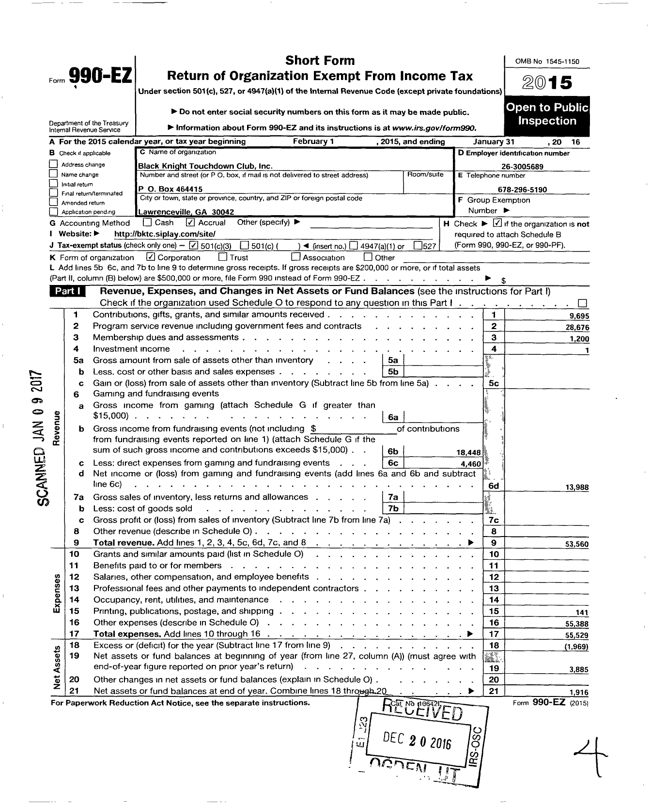 Image of first page of 2015 Form 990EZ for Black Knight Touchdown Club