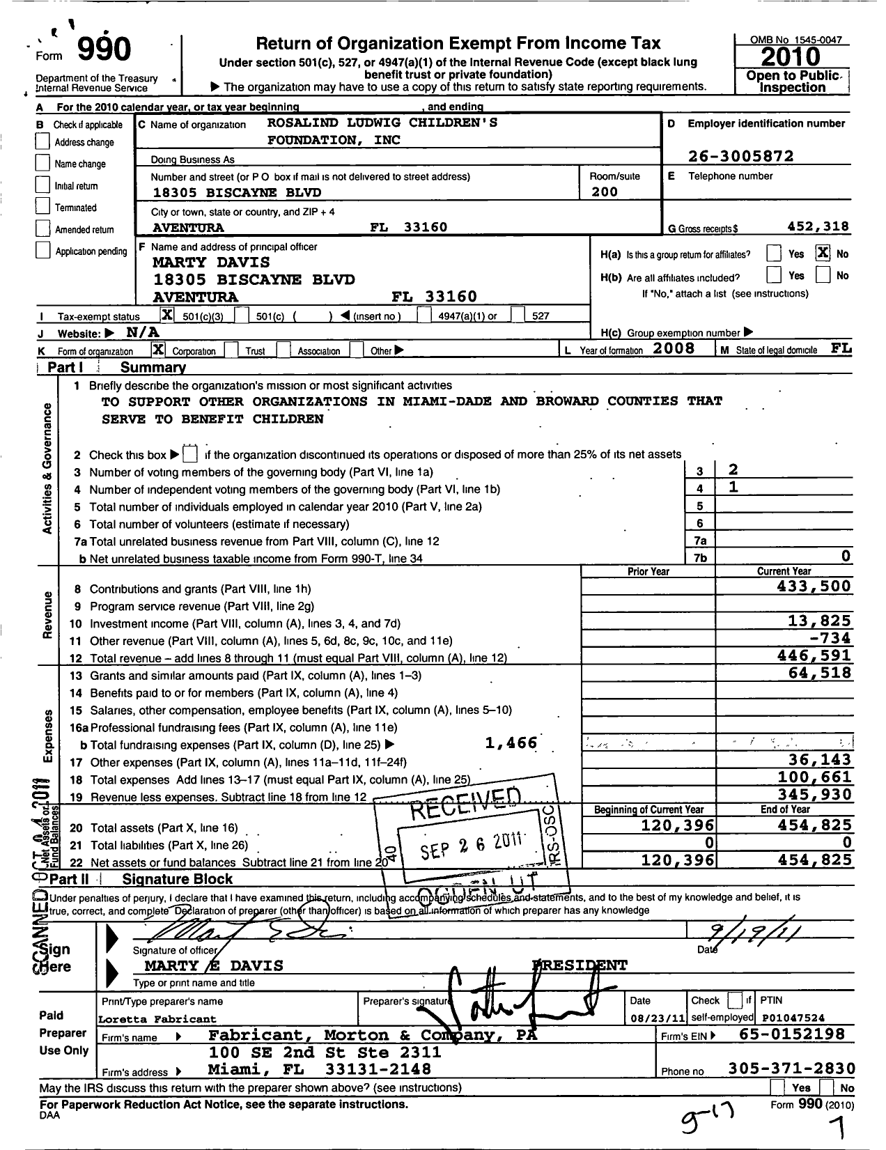 Image of first page of 2010 Form 990 for Rosalind Ludwig Childrens Foundation