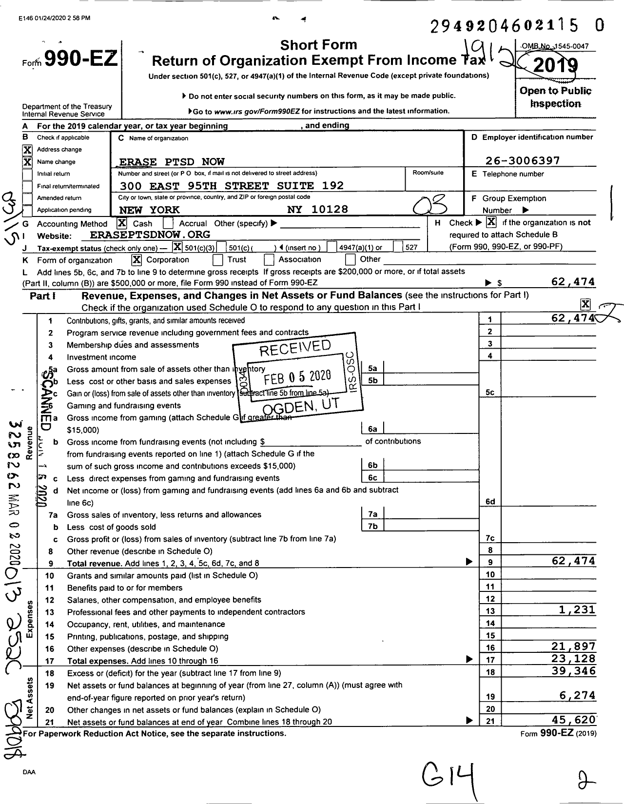 Image of first page of 2019 Form 990EZ for Erase PTSD Now