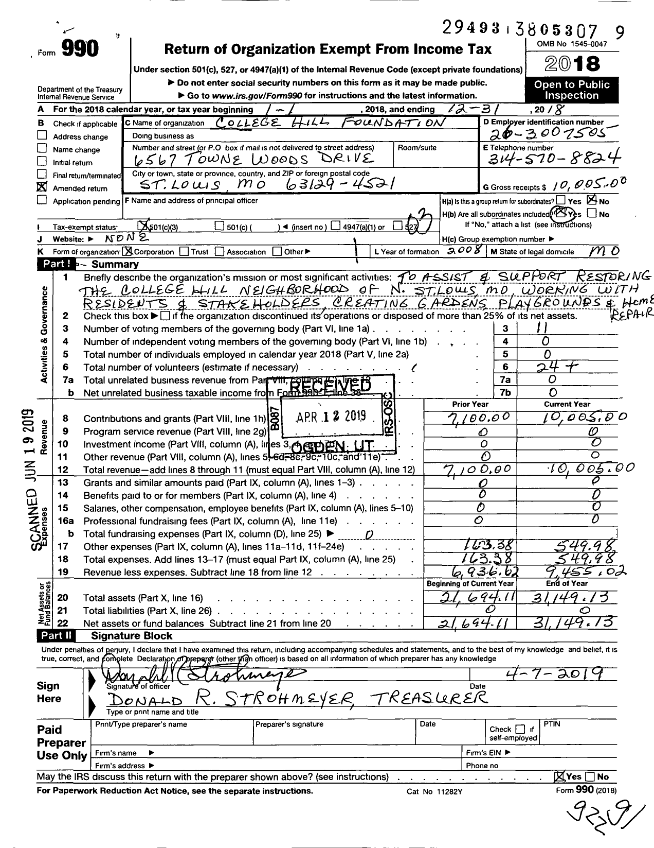 Image of first page of 2018 Form 990 for College Hill Foundation