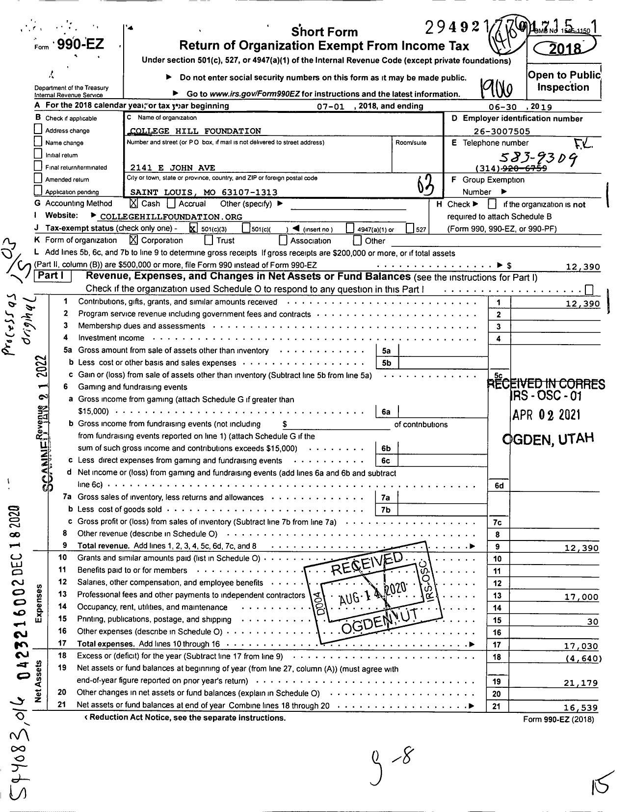 Image of first page of 2018 Form 990EZ for College Hill Foundation