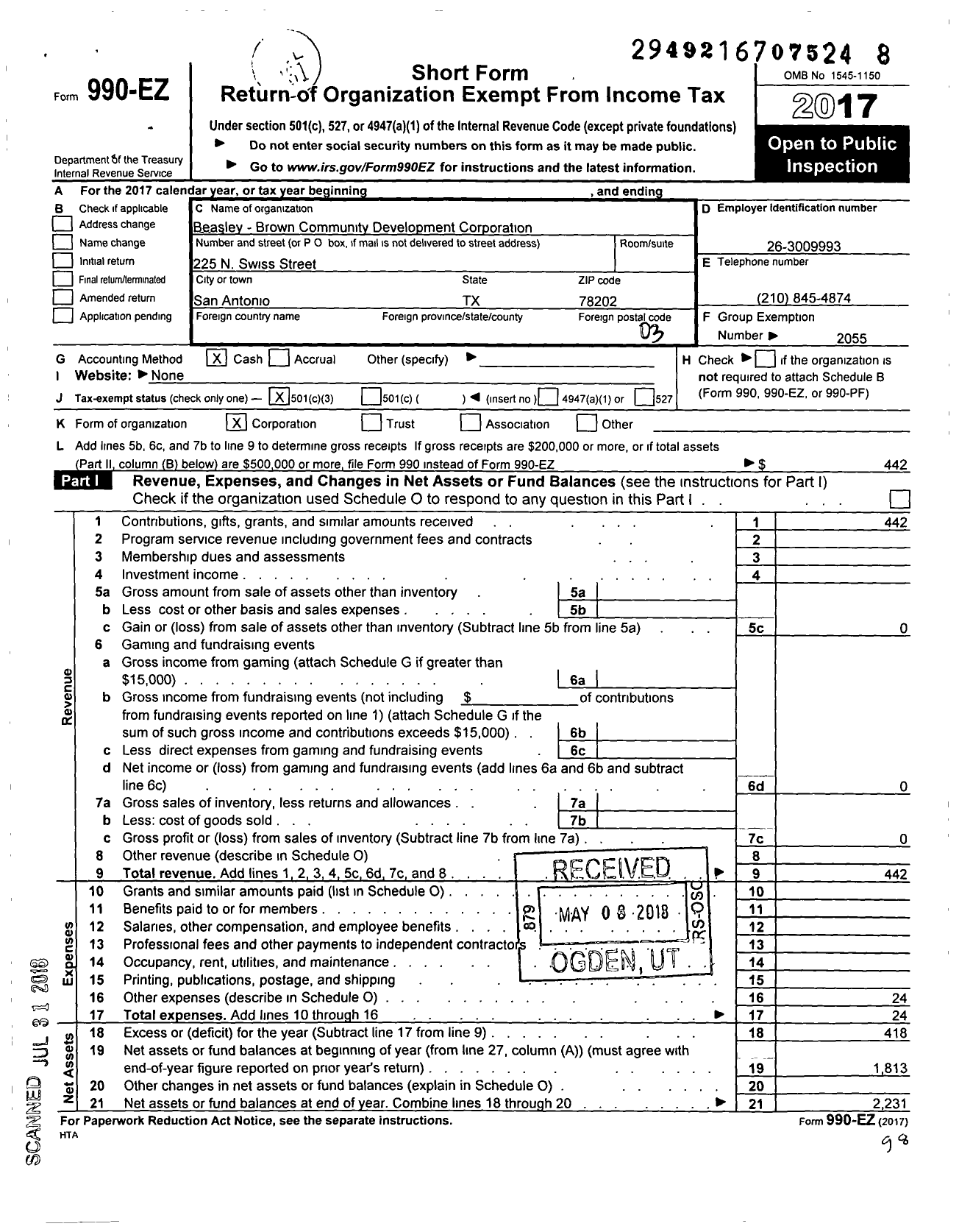 Image of first page of 2017 Form 990EZ for Beasley-Brown Community Development Corporation