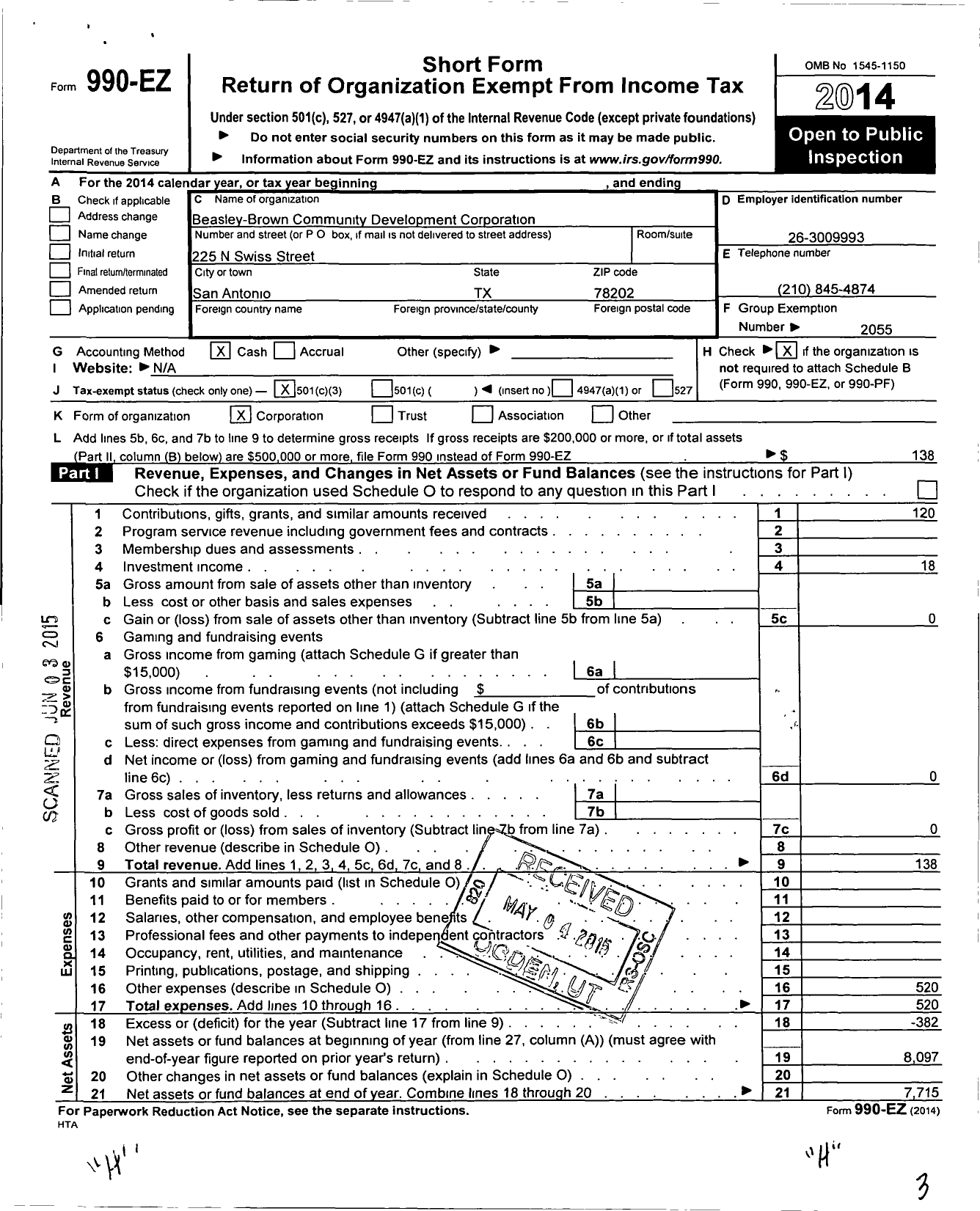 Image of first page of 2014 Form 990EZ for Beasley-Brown Community Development Corporation