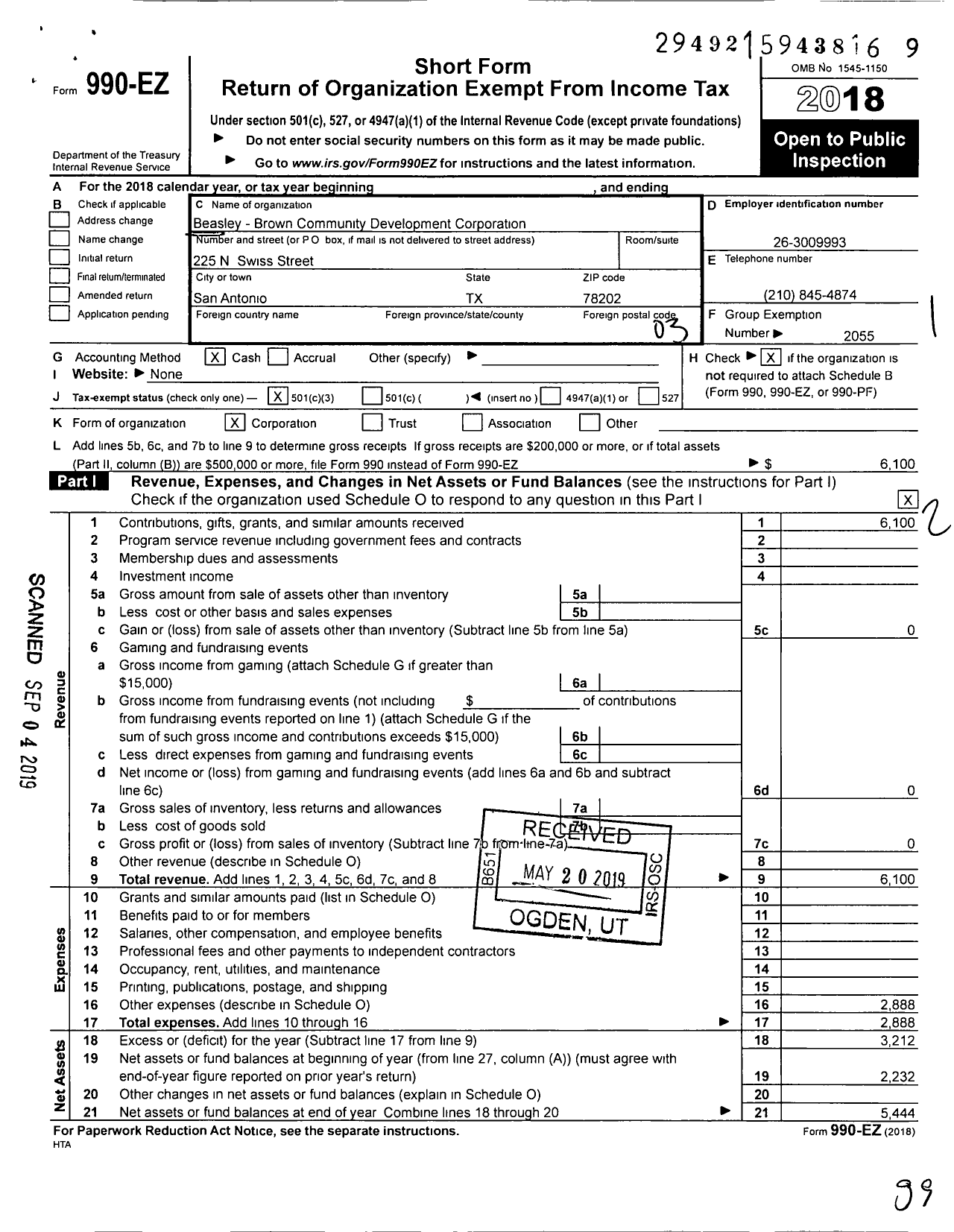 Image of first page of 2018 Form 990EZ for Beasley-Brown Community Development Corporation