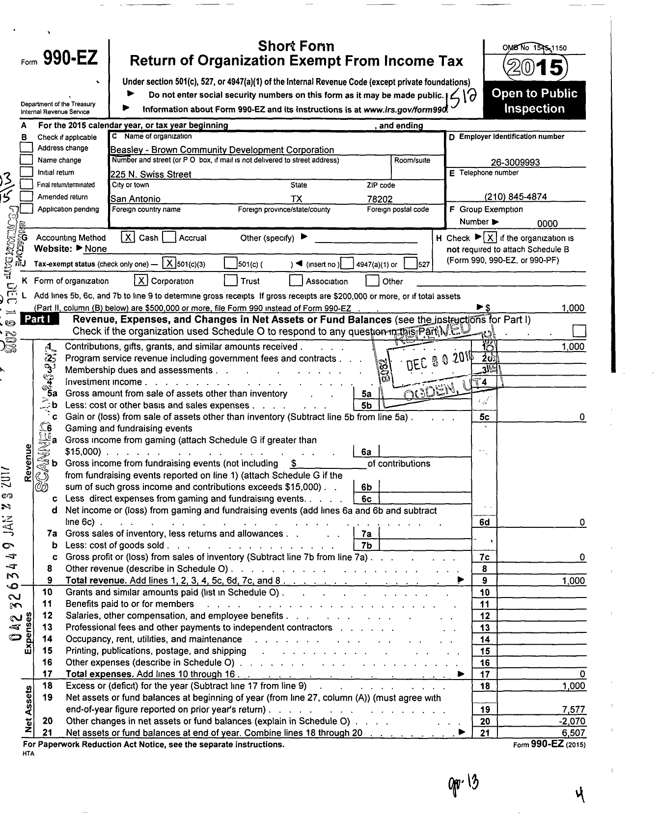 Image of first page of 2015 Form 990EZ for Beasley-Brown Community Development Corporation