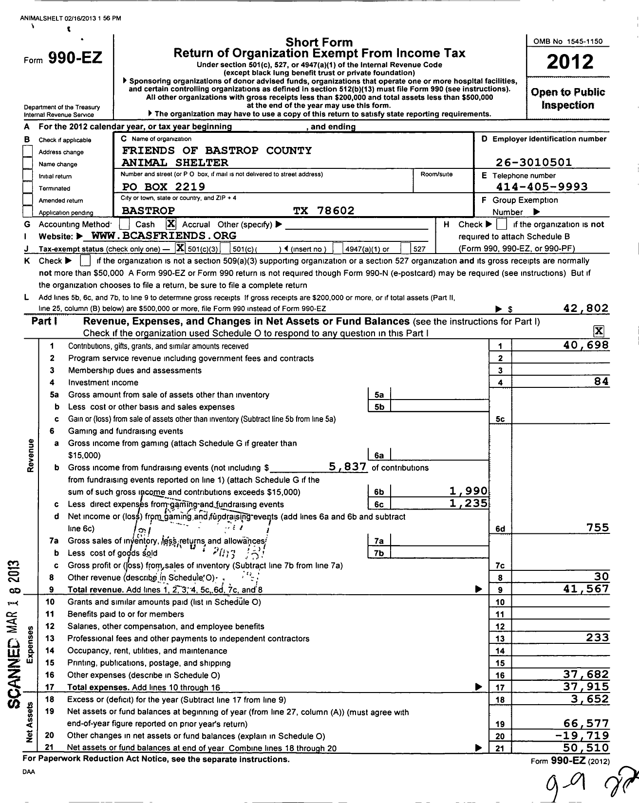 Image of first page of 2012 Form 990EZ for Friends of Bastrop County Animal Shelter