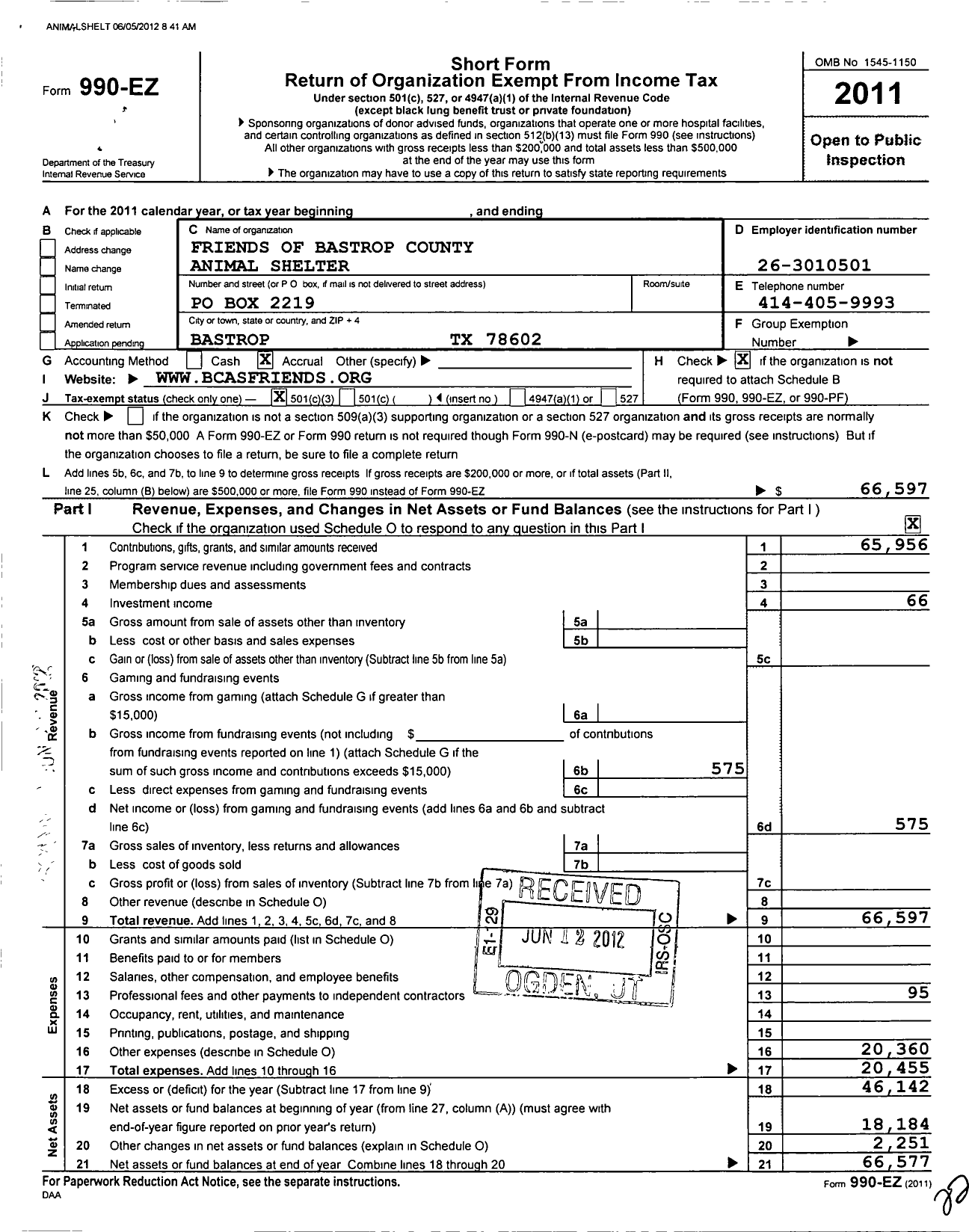 Image of first page of 2011 Form 990EZ for Friends of Bastrop County Animal Shelter