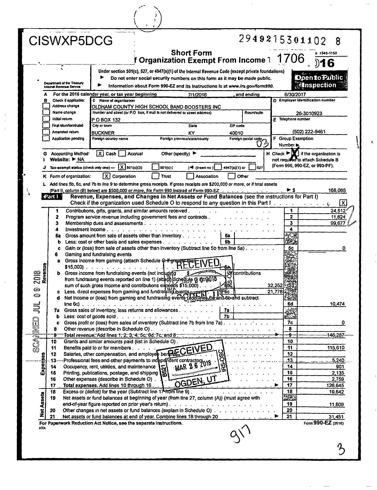 Image of first page of 2016 Form 990EZ for Oldham County High School Band Boosters