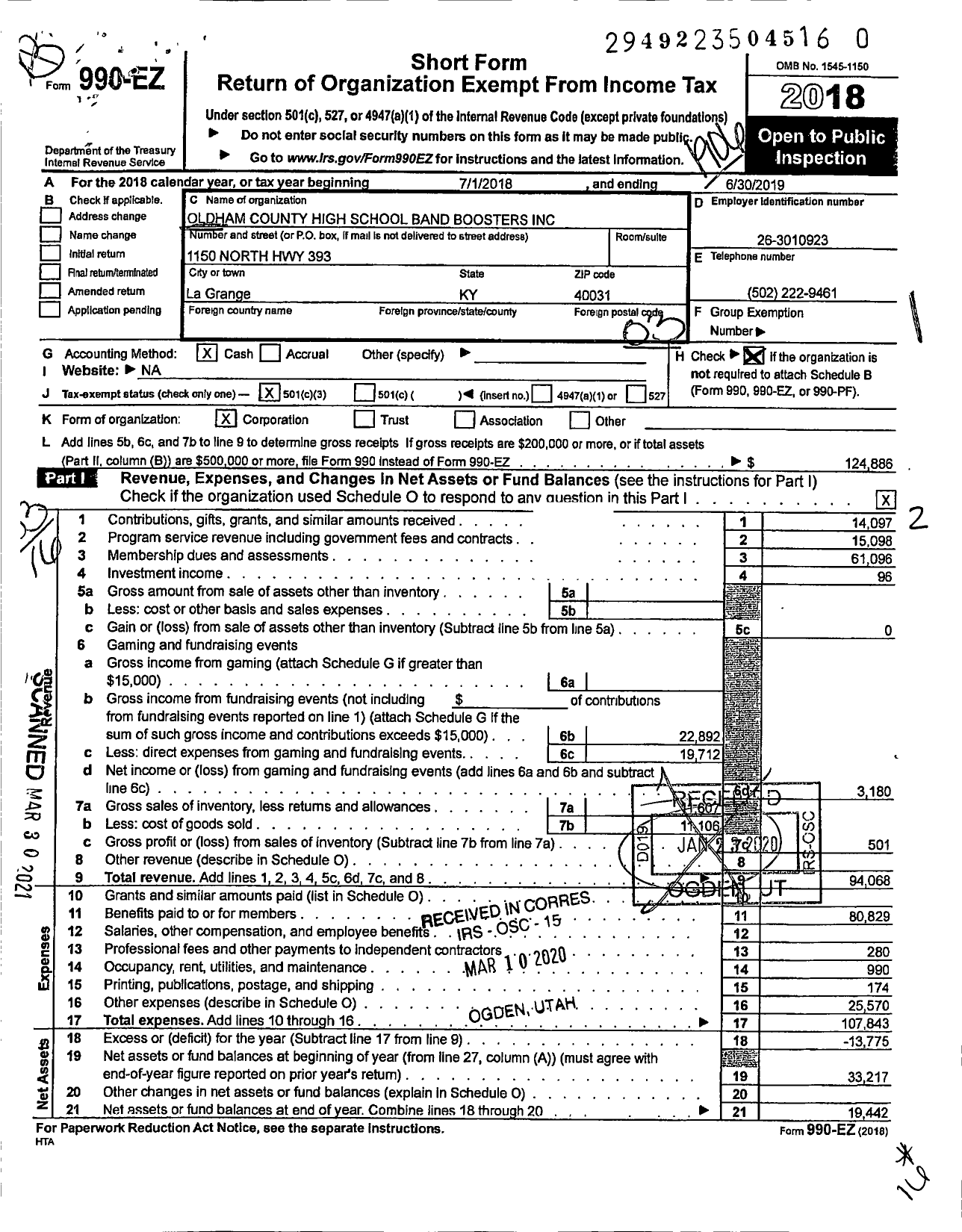 Image of first page of 2018 Form 990EZ for Oldham County High School Band Boosters