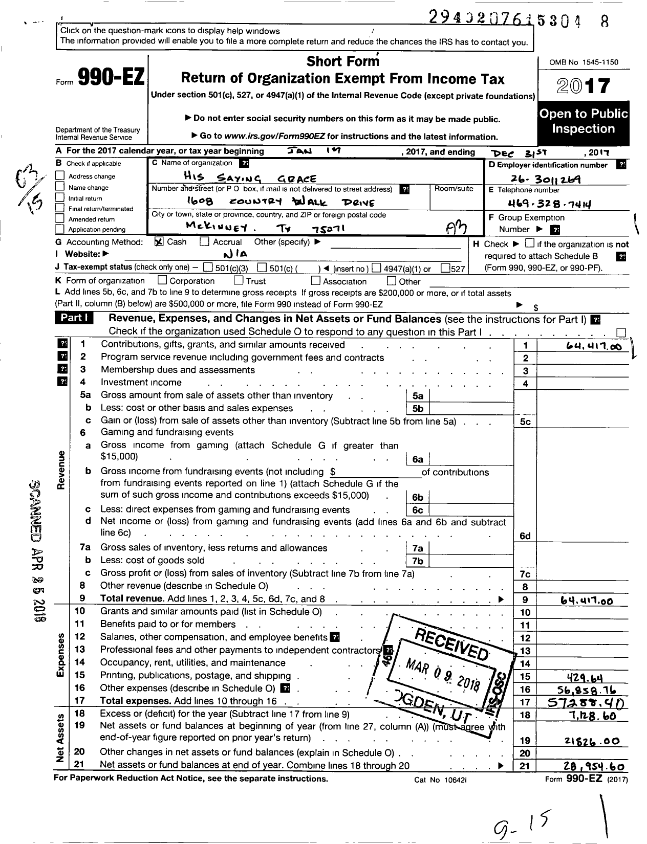 Image of first page of 2017 Form 990EZ for His Saving Grace